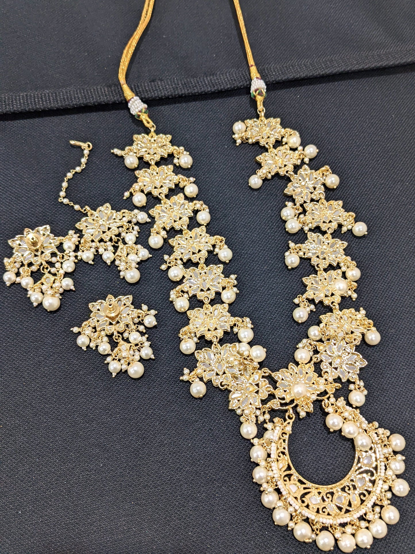 Glass Kundan Long Chain Necklace and Earrings set with Tikka