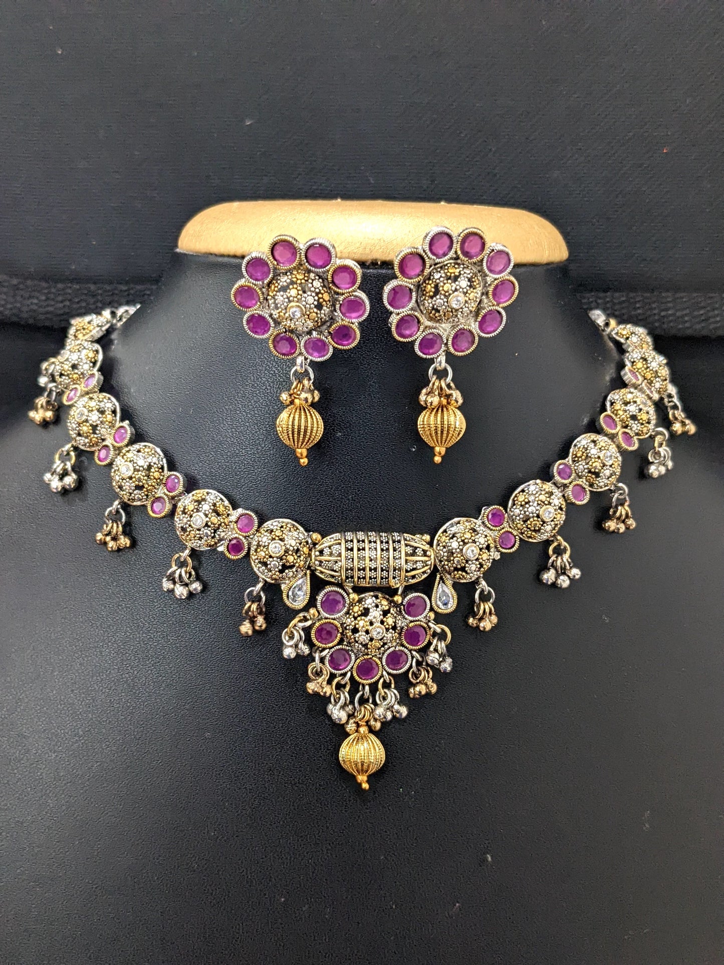 Dual tone Oxidized CZ choker necklace and stud earrings set