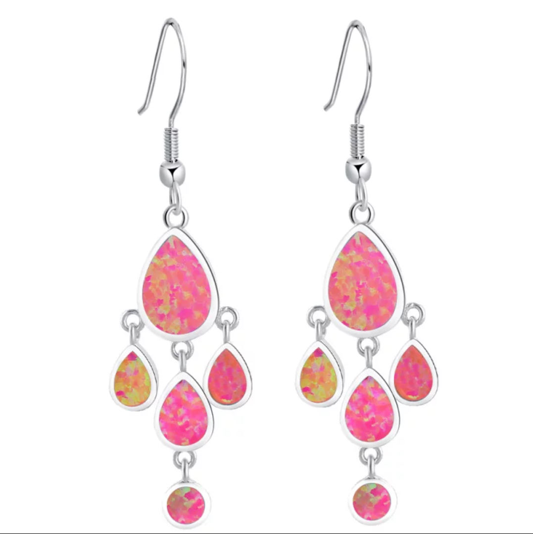 Pink opal stone multiple tear drop dangle earrings - Simpliful