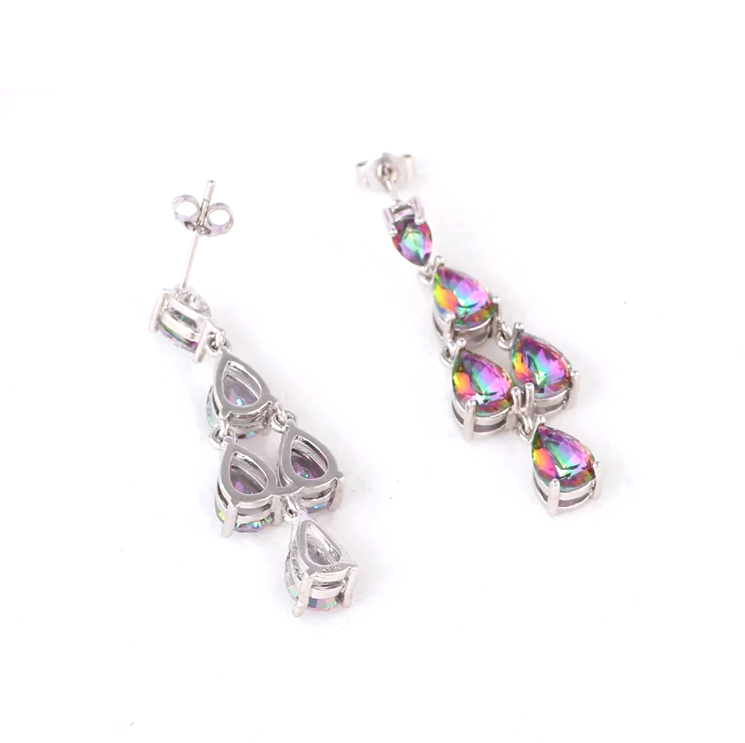 Rainbow tear drop dangling platinum finish party wear earrings - Simpliful