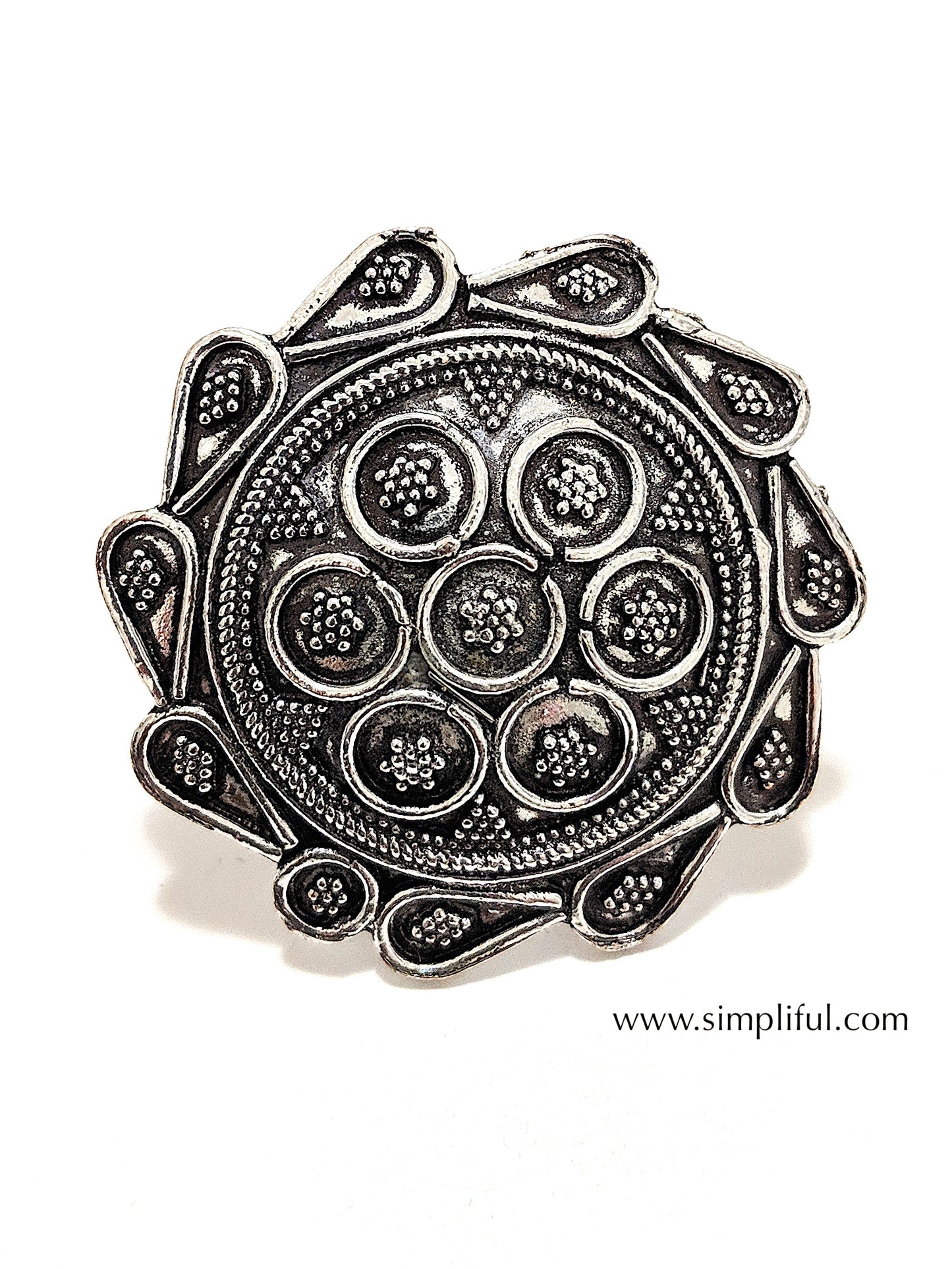 Oxidized teardrop surrounded large Adjustable Finger ring - Simpliful