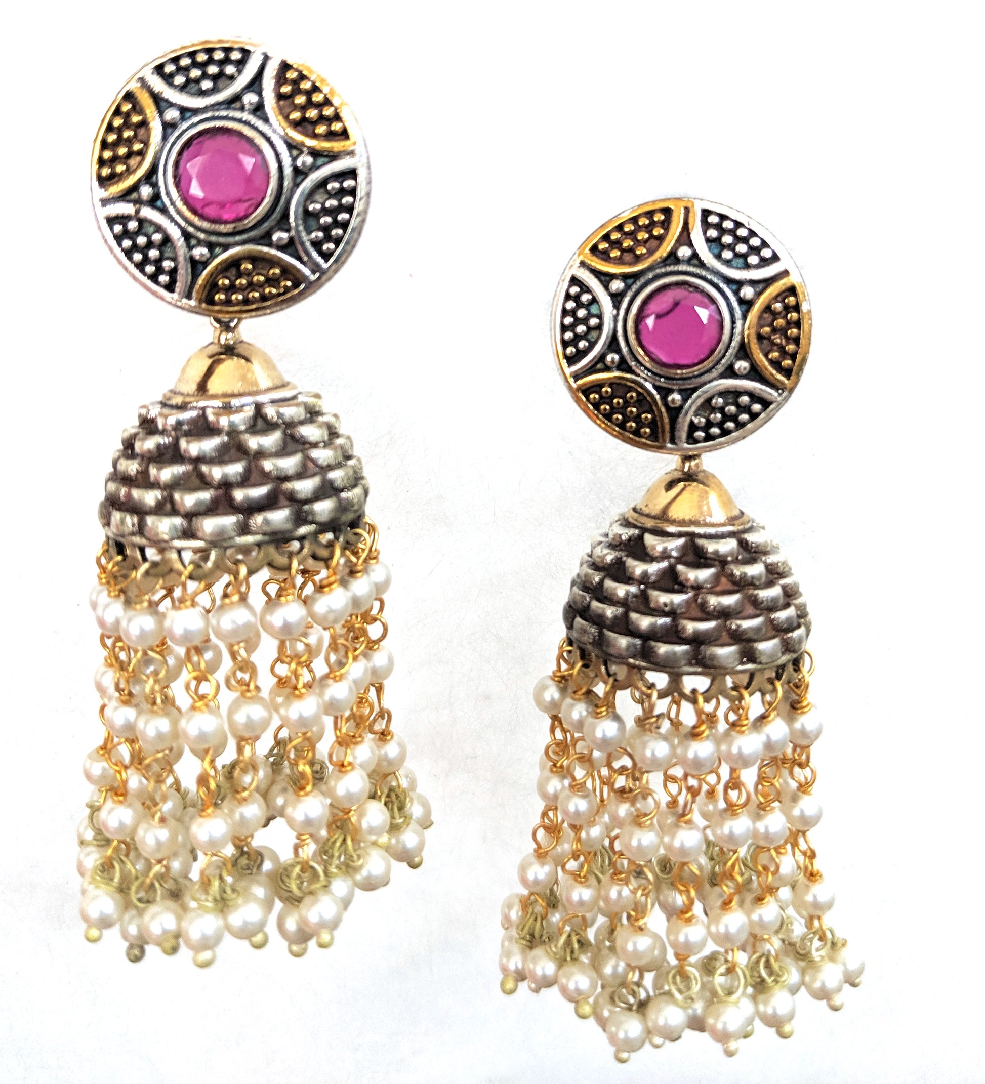 Dual tone oxidized silver pearl dangling CZ jhumka earrings - Simpliful