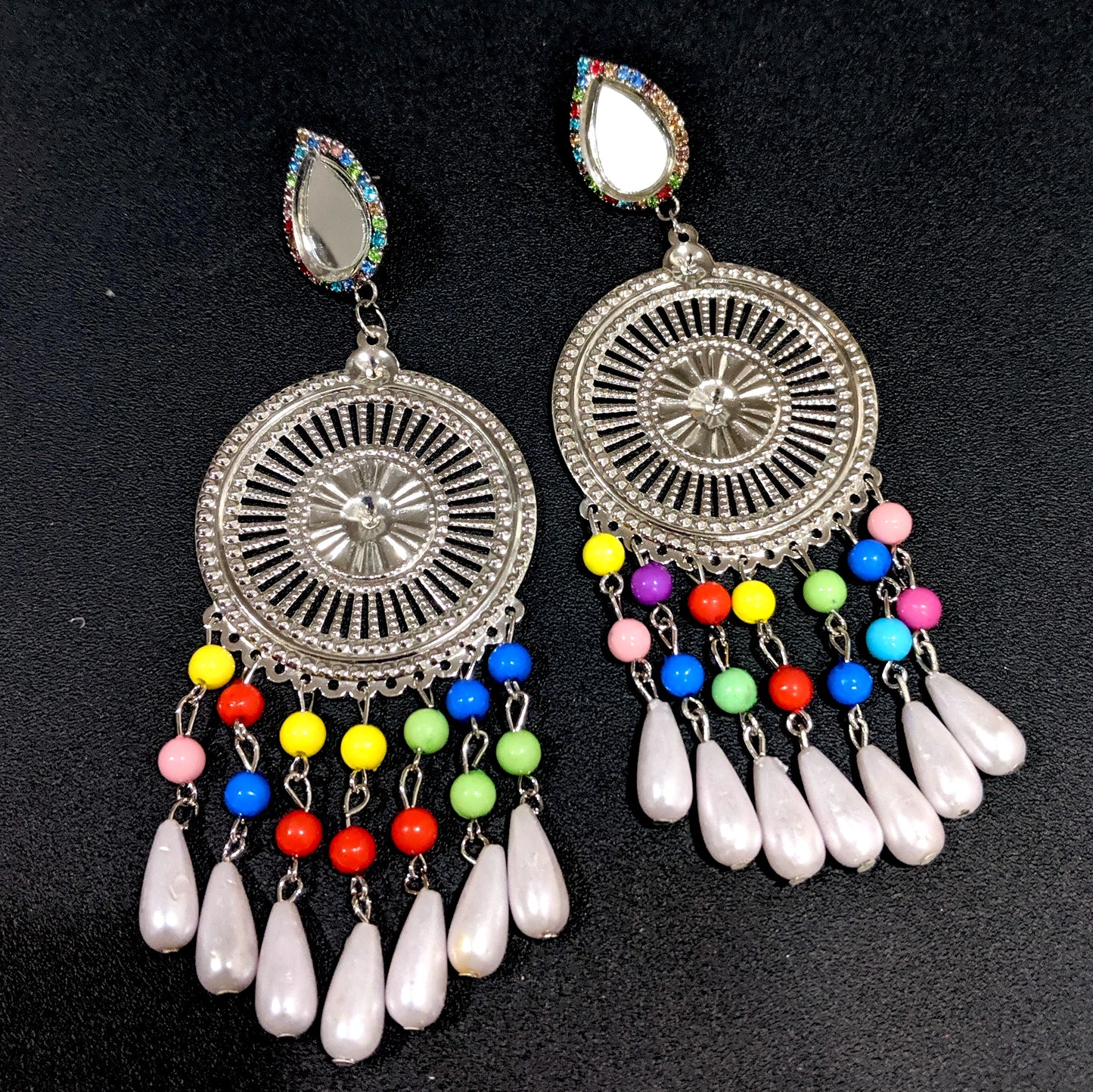 Colorful bead dangling Shoulder length Mirror earrings - Simpliful
