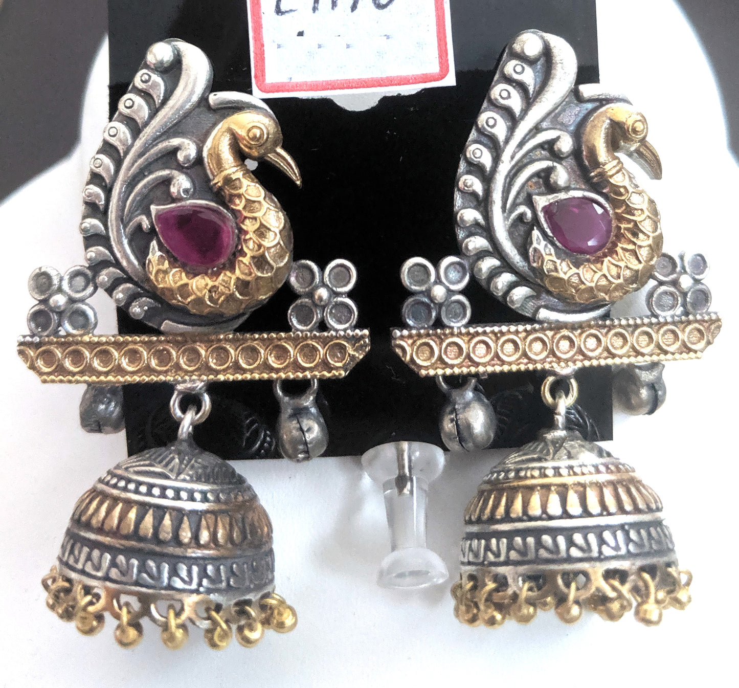 Peacock stud with jhumka hanging dual tone oxidized earring - Simpliful