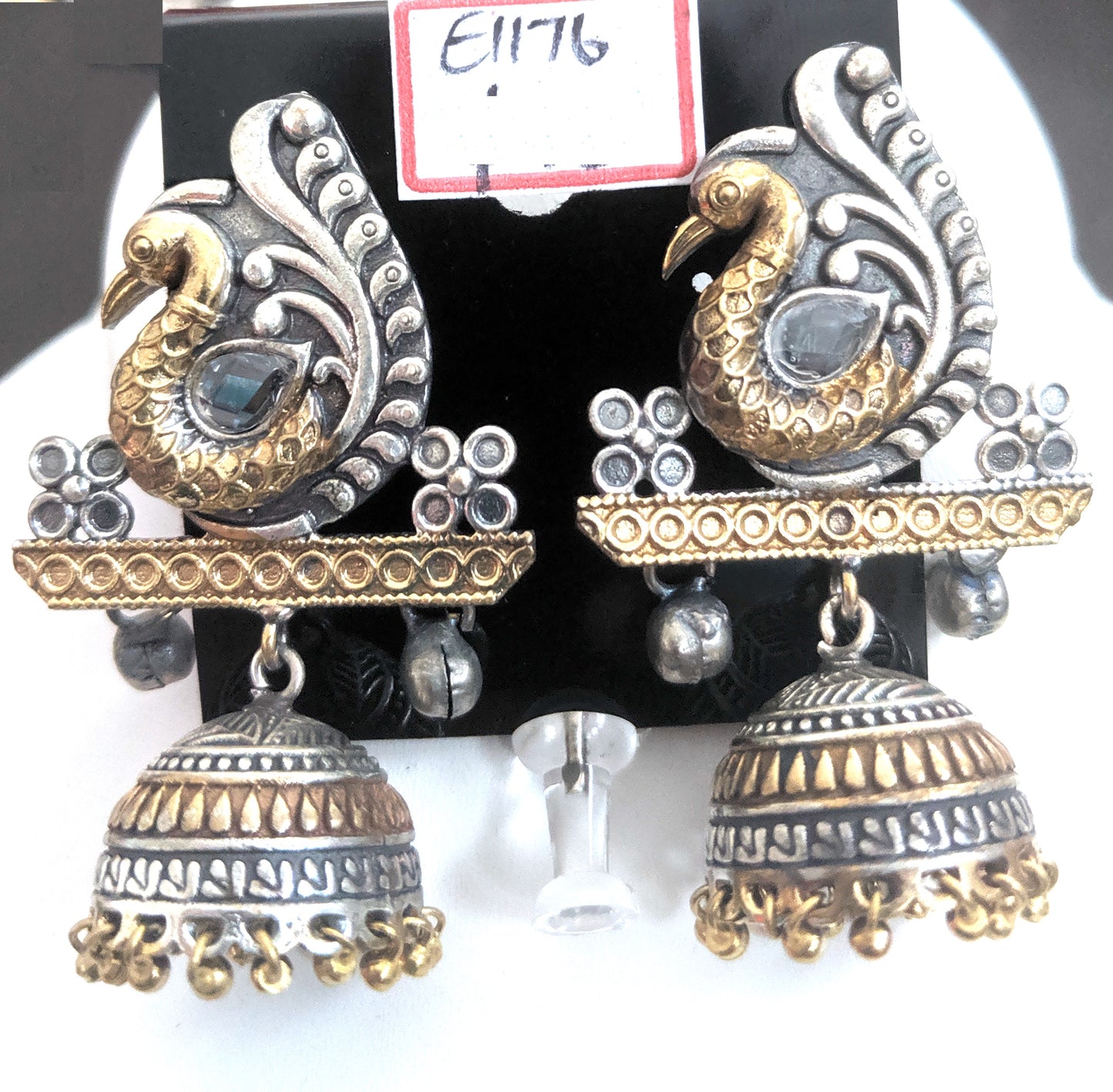 Peacock stud with jhumka hanging dual tone oxidized earring - Simpliful