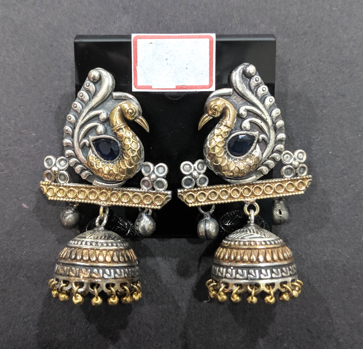 Peacock stud with jhumka hanging dual tone oxidized earring - Simpliful