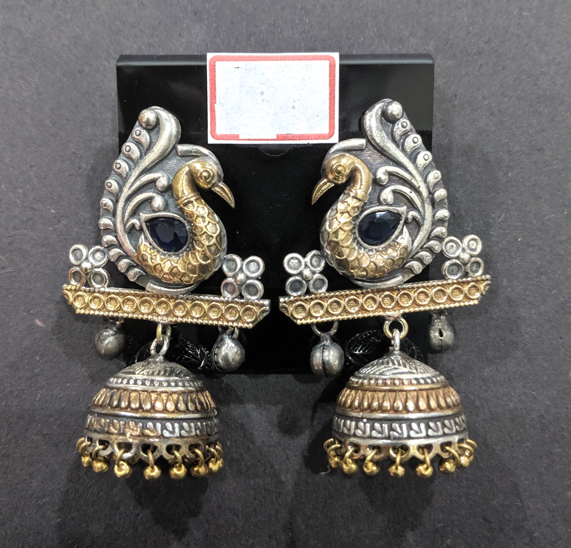 Peacock stud with jhumka hanging dual tone oxidized earring - Simpliful