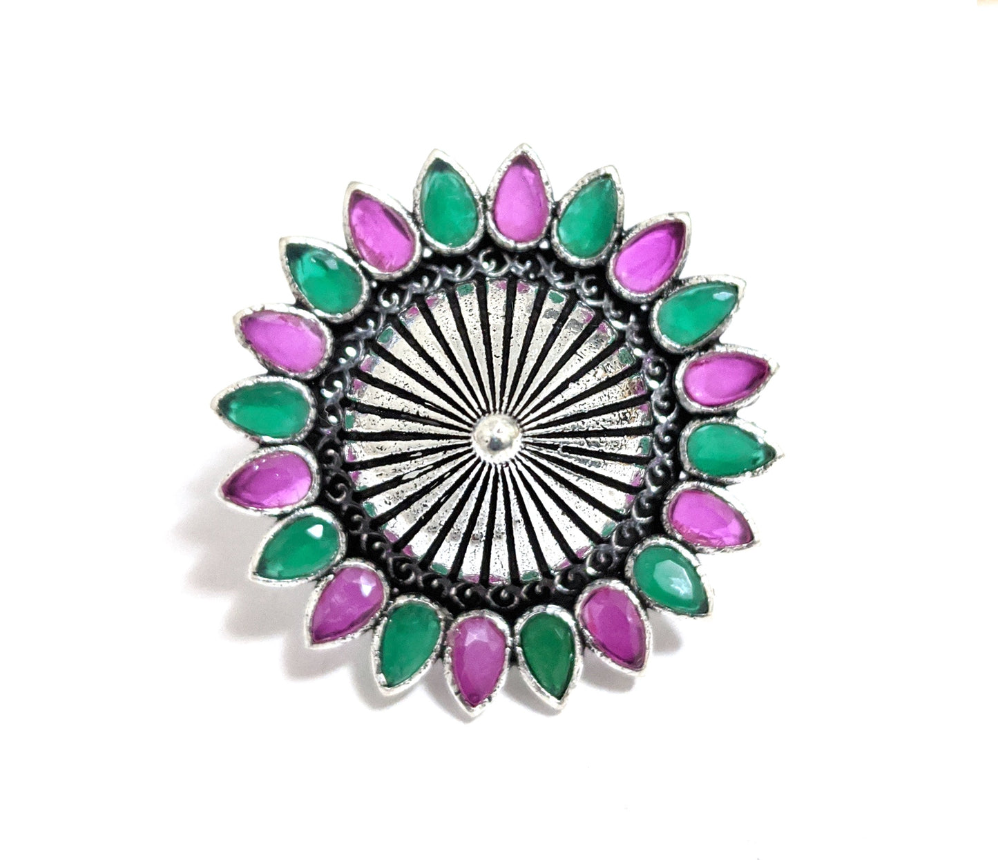 Oxidized silver flower with projected center design adjustable Finger ring - Simpliful