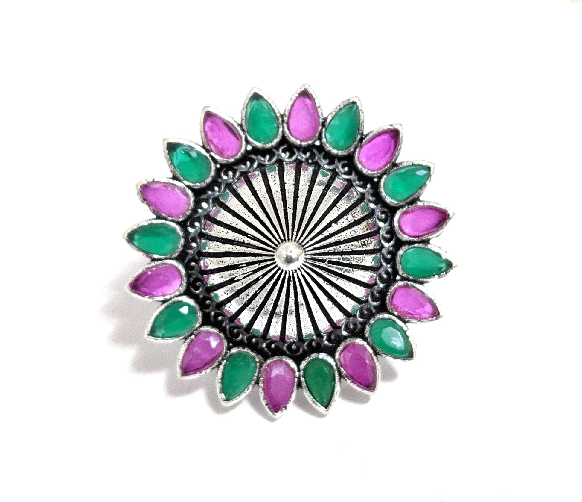 Oxidized silver flower with projected center design adjustable Finger ring - Simpliful