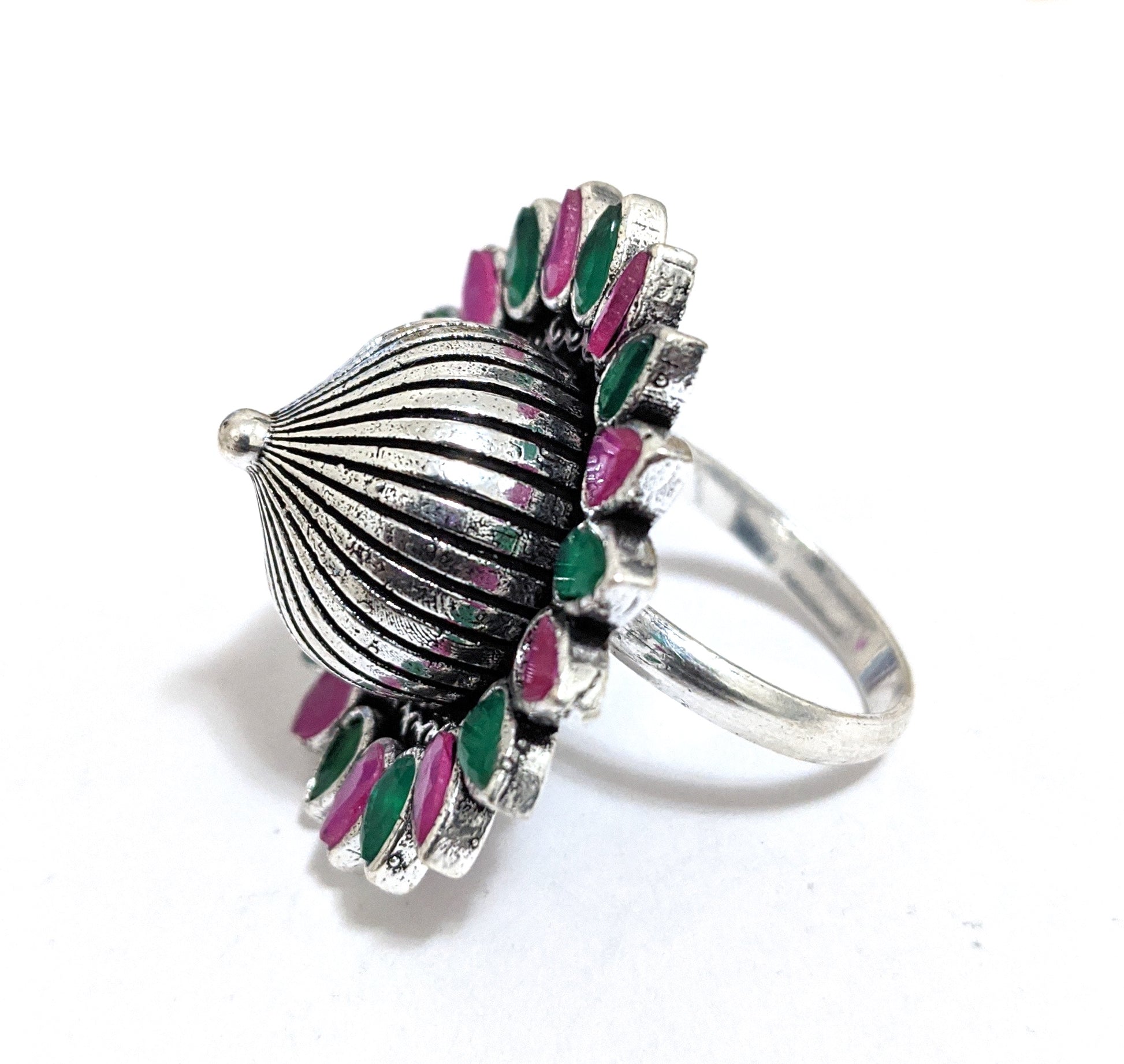 Oxidized silver flower with projected center design adjustable Finger ring - Simpliful