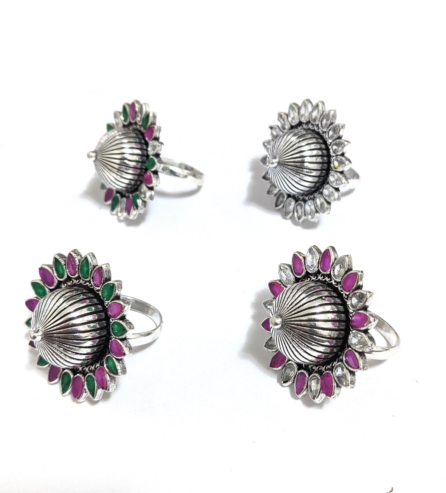 Oxidized silver flower with projected center design adjustable Finger ring - Simpliful