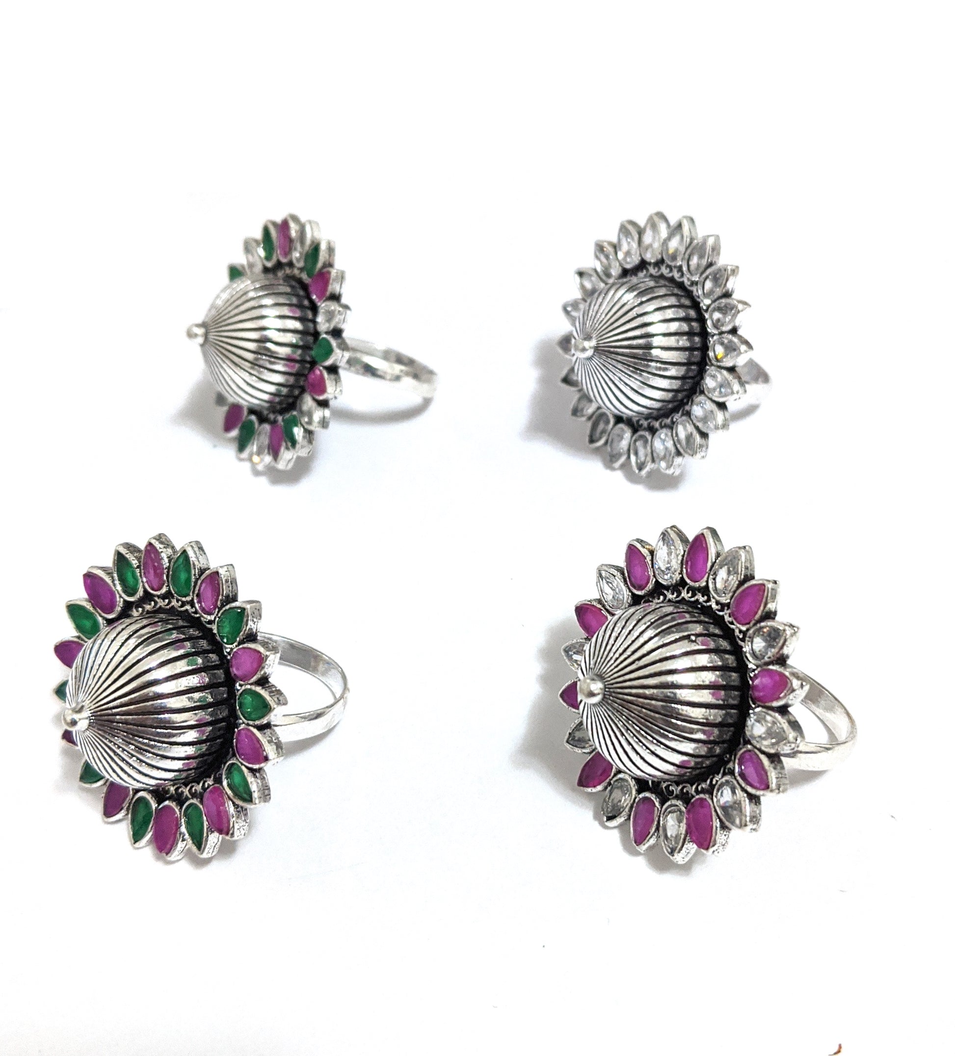 Oxidized silver flower with projected center design adjustable Finger ring - Simpliful