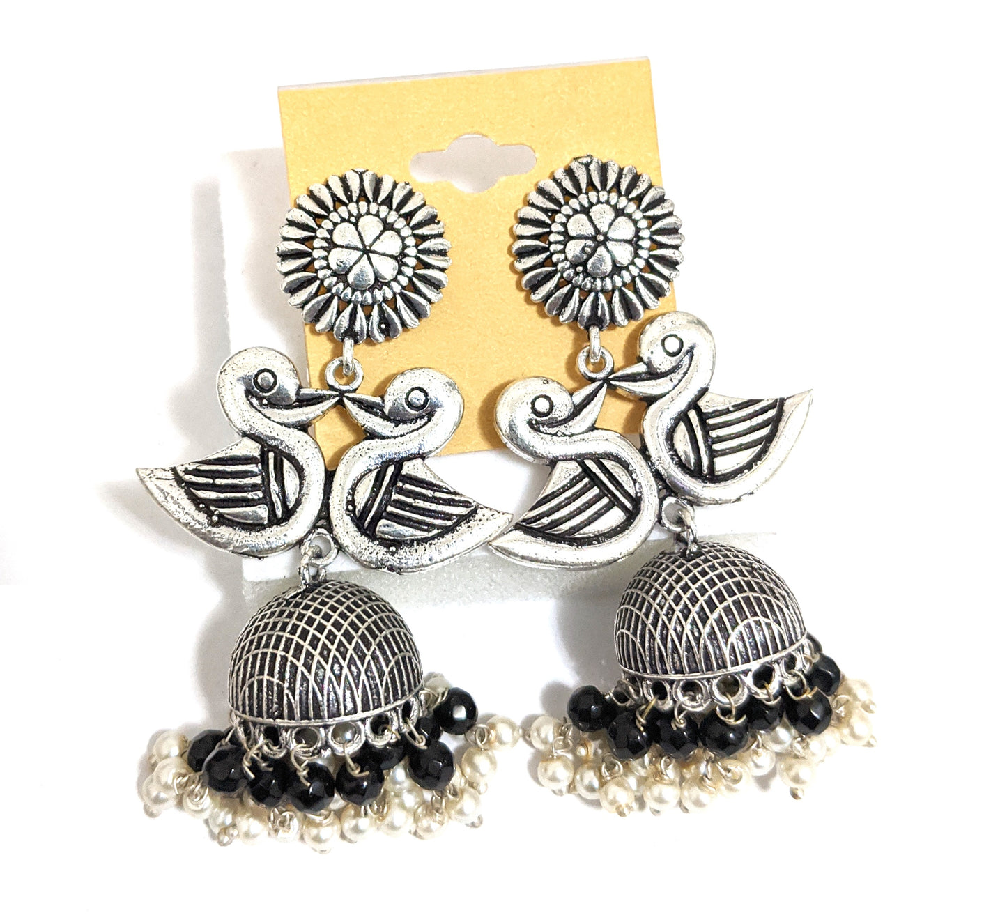 Oxidized silver dual swan jhumka Earrings - Simpliful