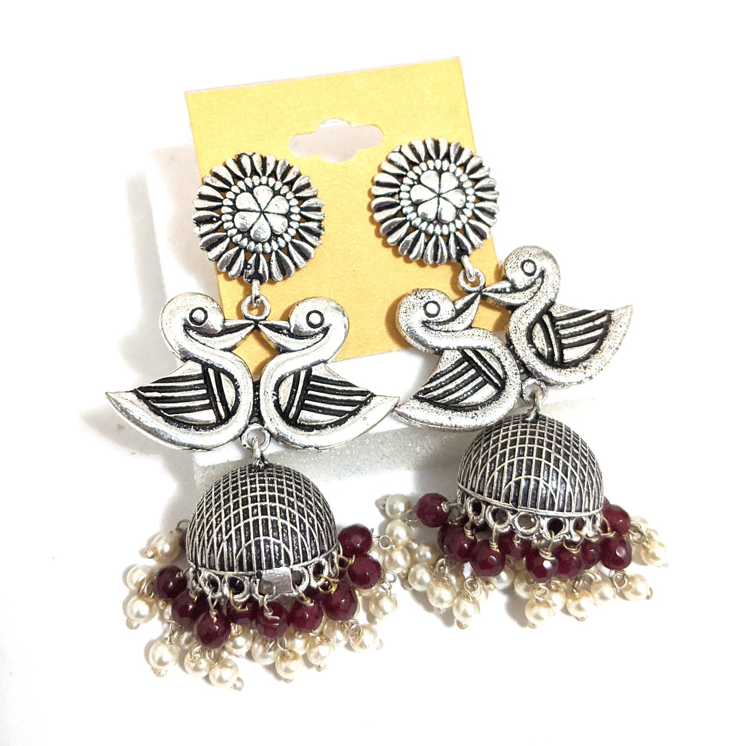 Oxidized silver dual swan jhumka Earrings - Simpliful