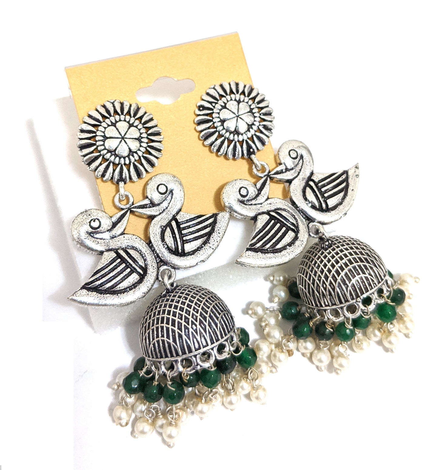 Oxidized silver dual swan jhumka Earrings - Simpliful