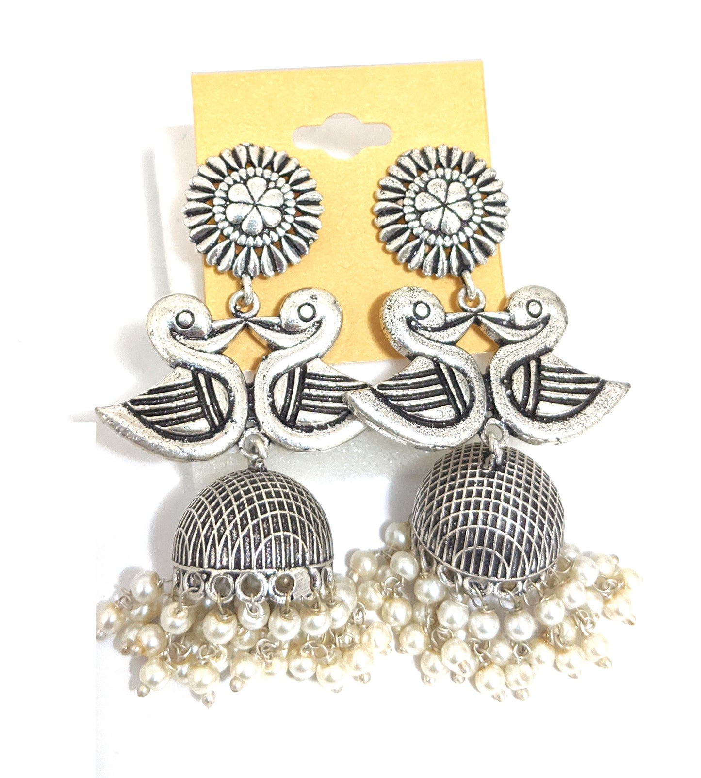 Oxidized silver dual swan jhumka Earrings - Simpliful