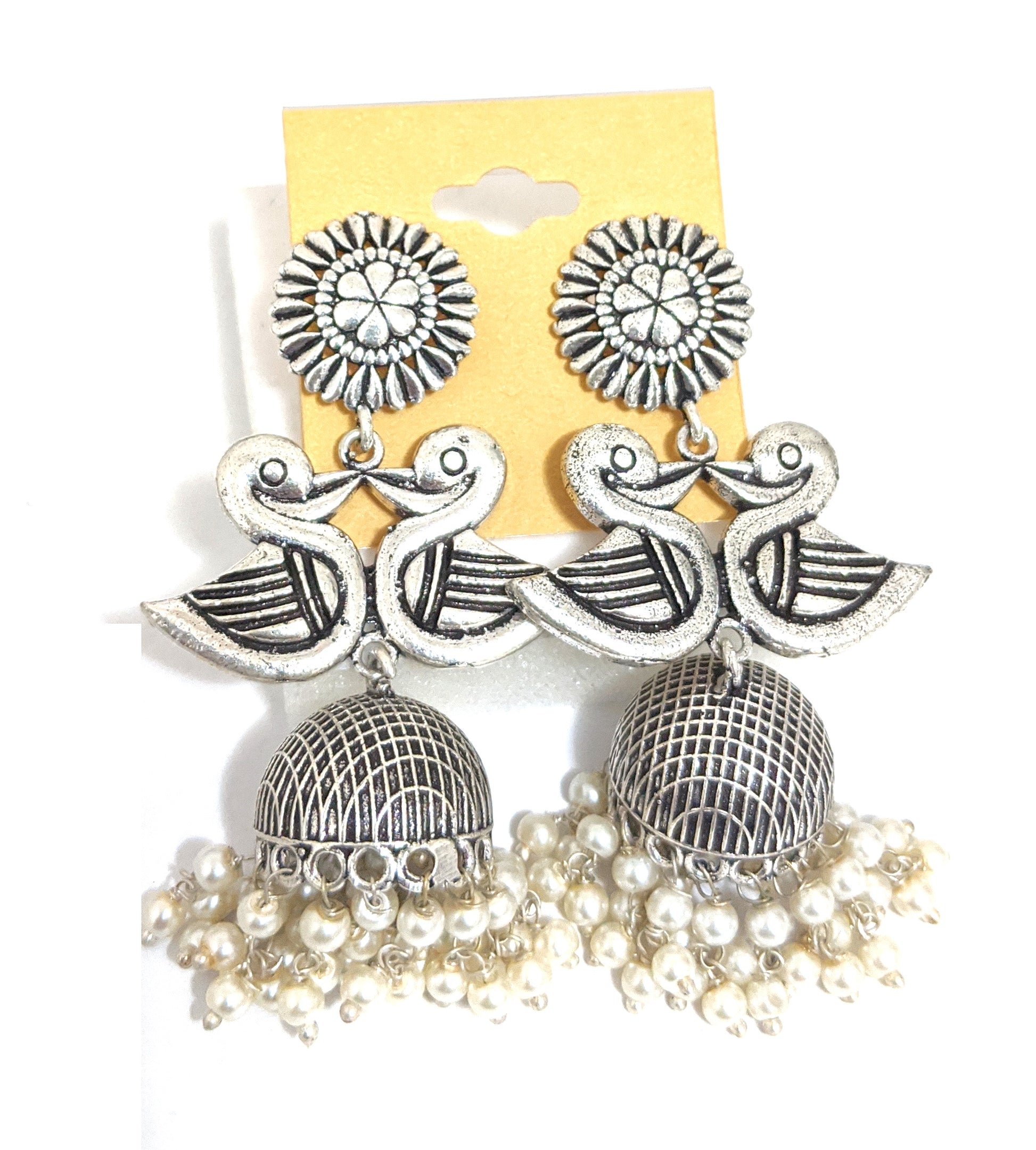 Oxidized silver dual swan jhumka Earrings - Simpliful