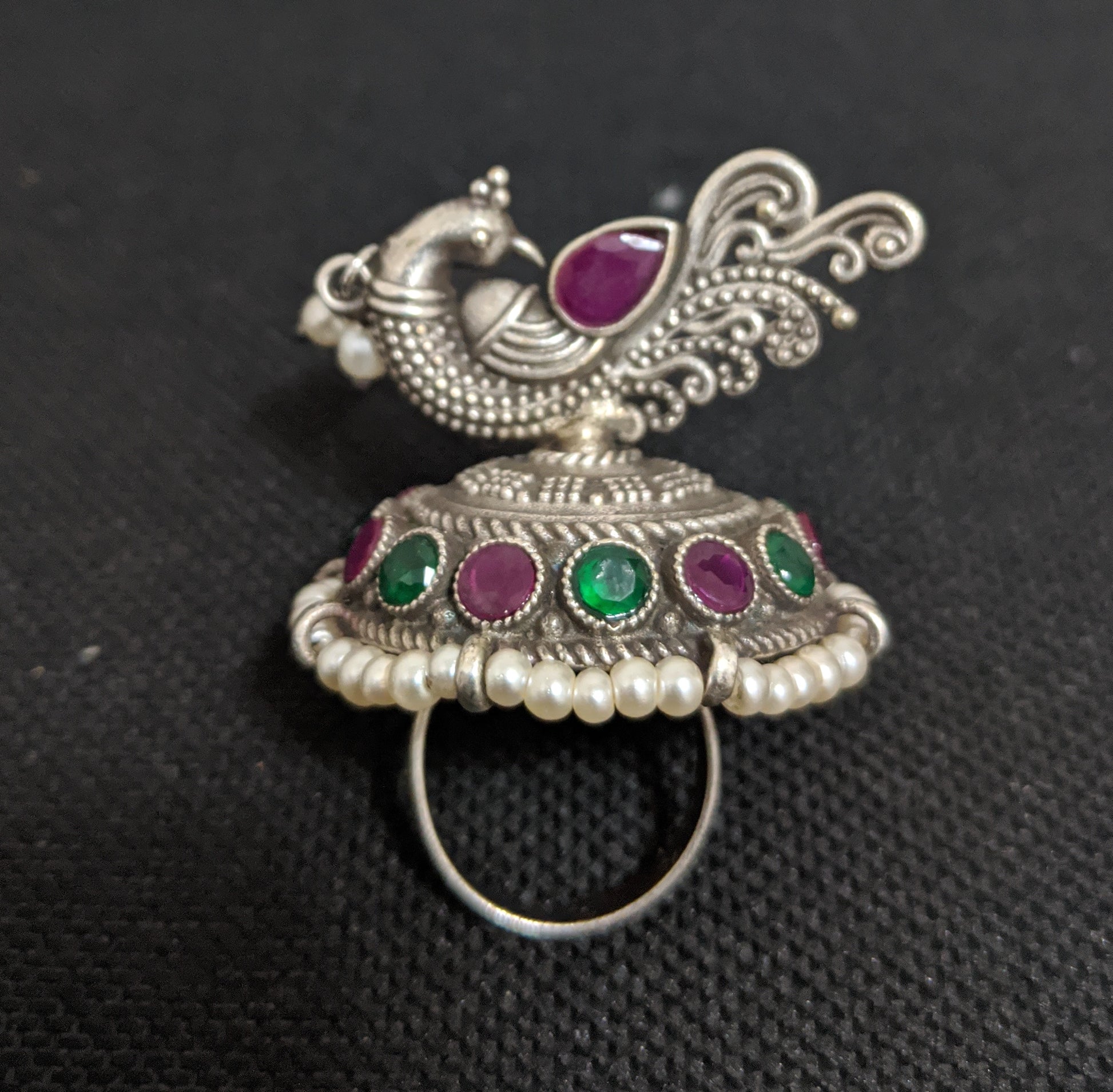Oxidized silver Peacock standing adjustable Finger ring - Simpliful