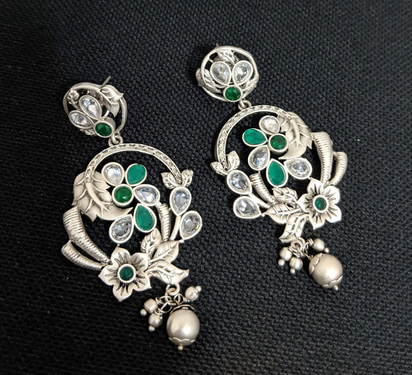 Bright Silver matte polished CZ flower Dangle Earrings