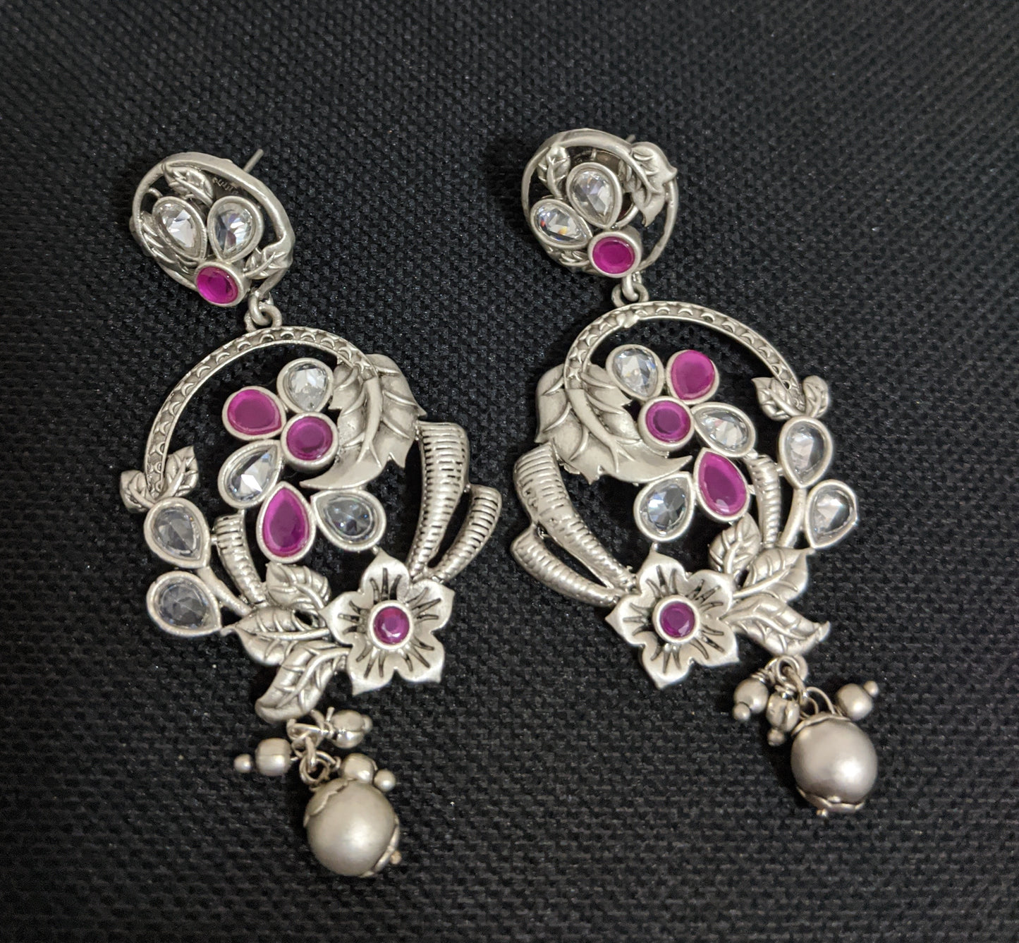 Bright Silver matte polished CZ flower Dangle Earrings