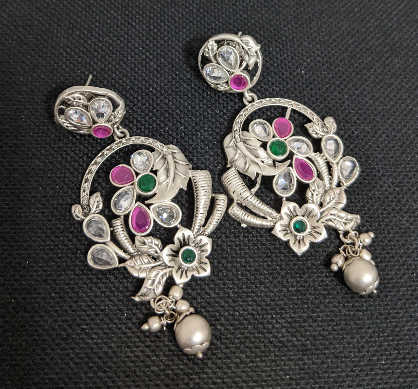 Bright Silver matte polished CZ flower Dangle Earrings