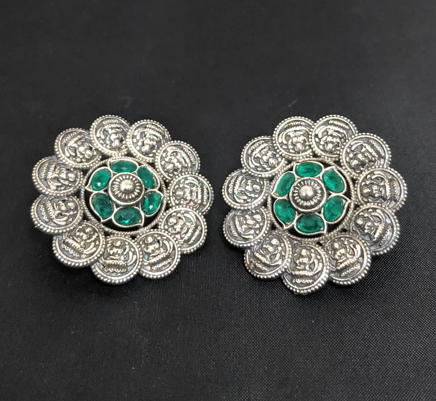 German silver Goddess Lakshmi large stud earrings - Simpliful
