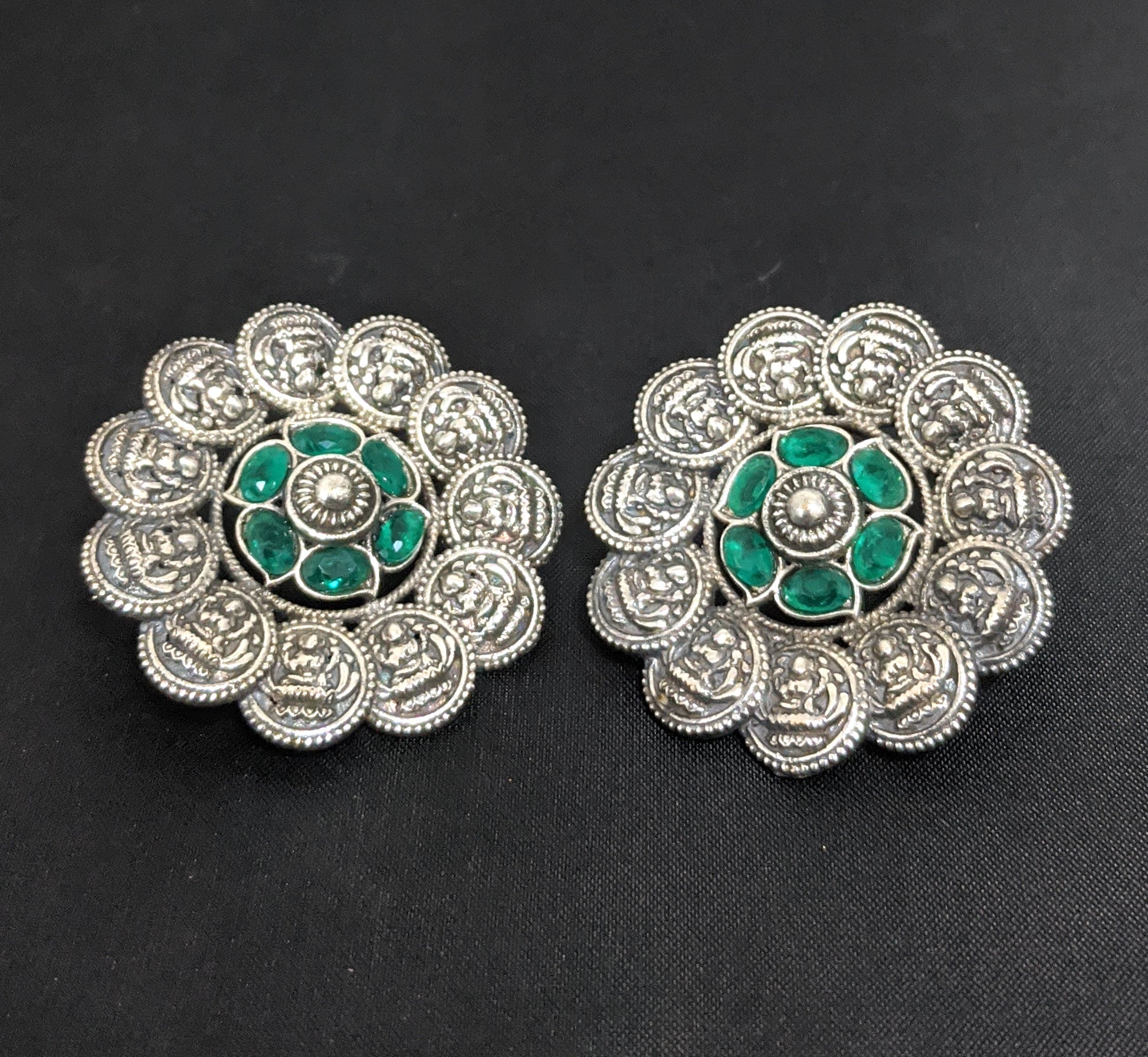 German silver Goddess Lakshmi large stud earrings - Simpliful