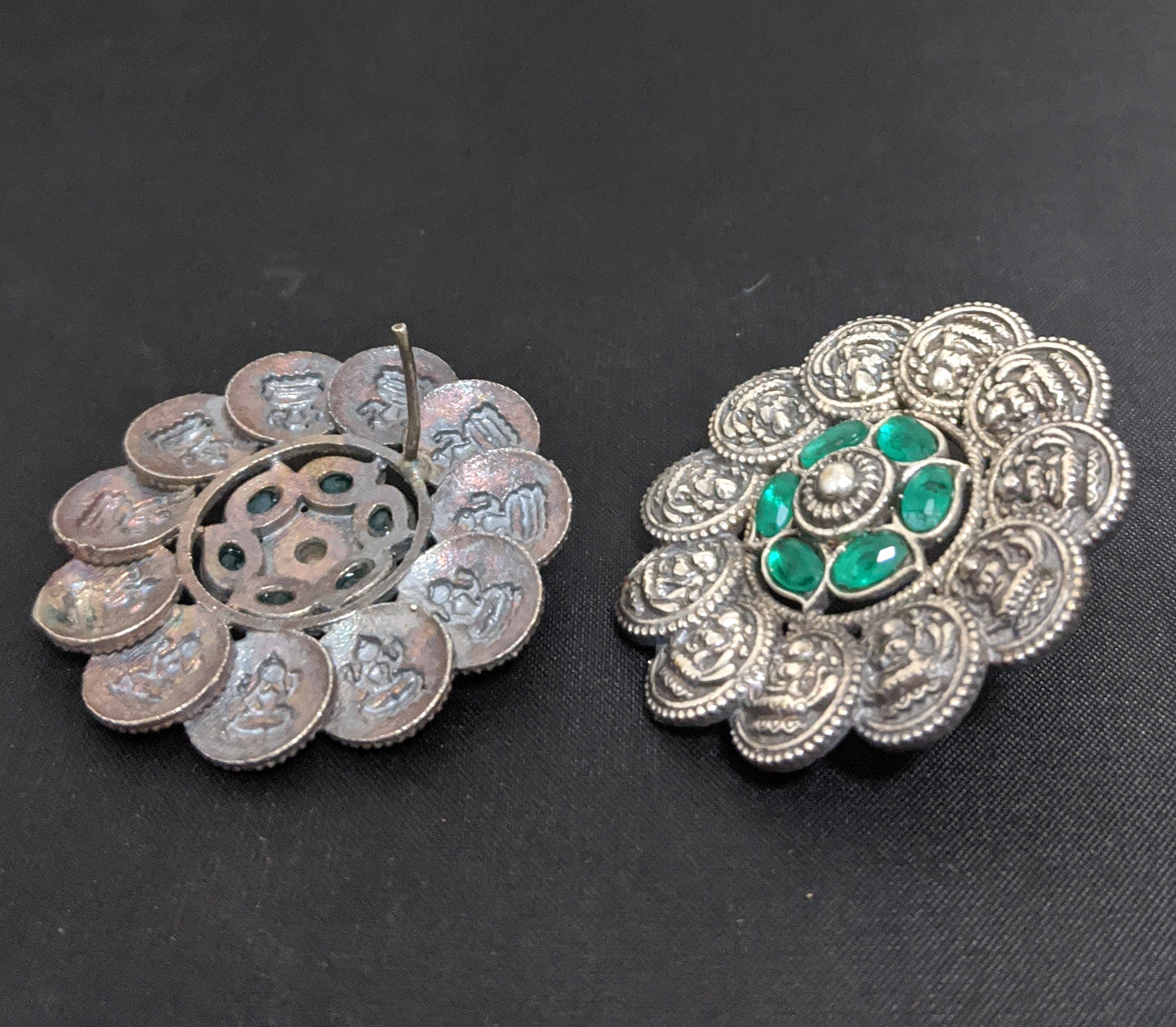 German silver Goddess Lakshmi large stud earrings - Simpliful