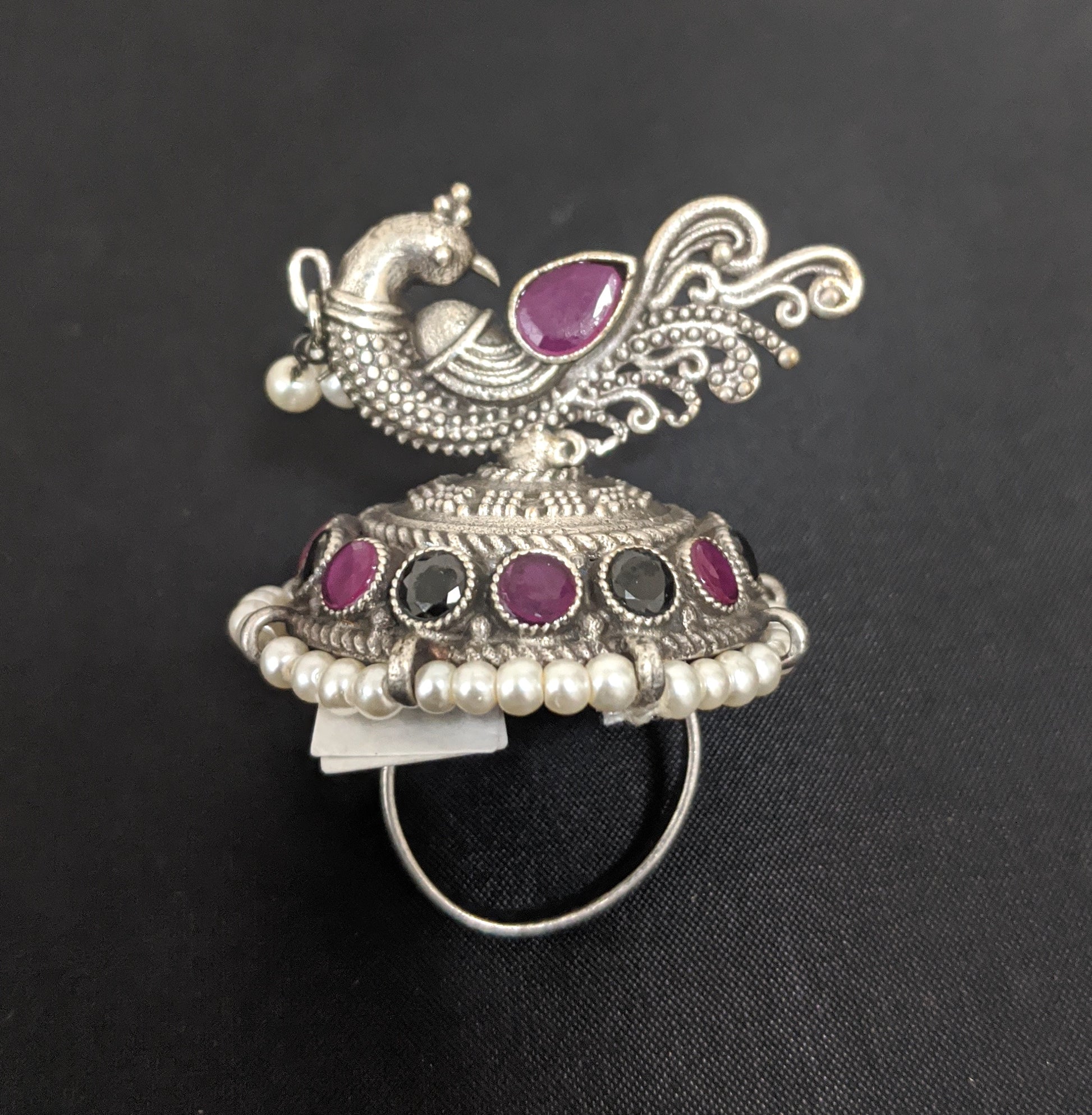 Oxidized silver Peacock standing adjustable Finger ring - Simpliful