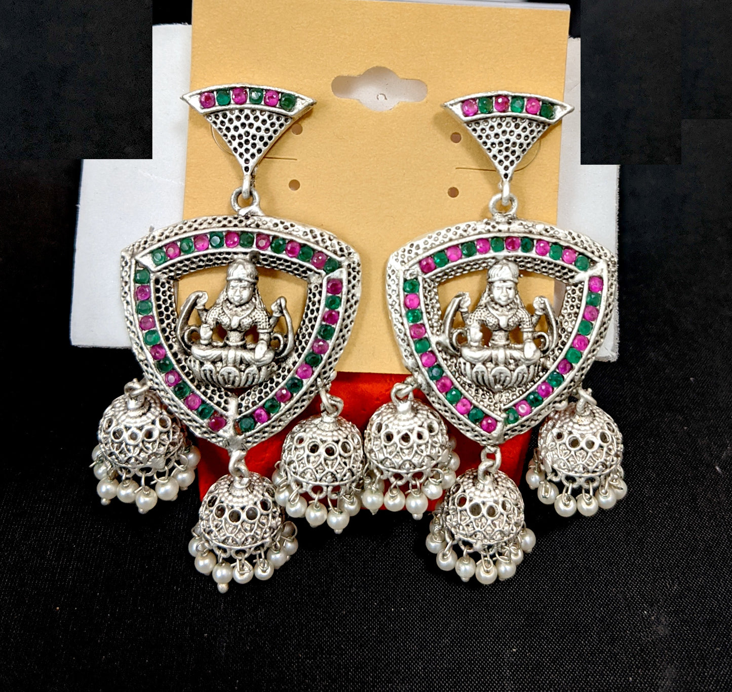 Goddess Lakshmi Triple jhumka bright matte silver earrings - Simpliful