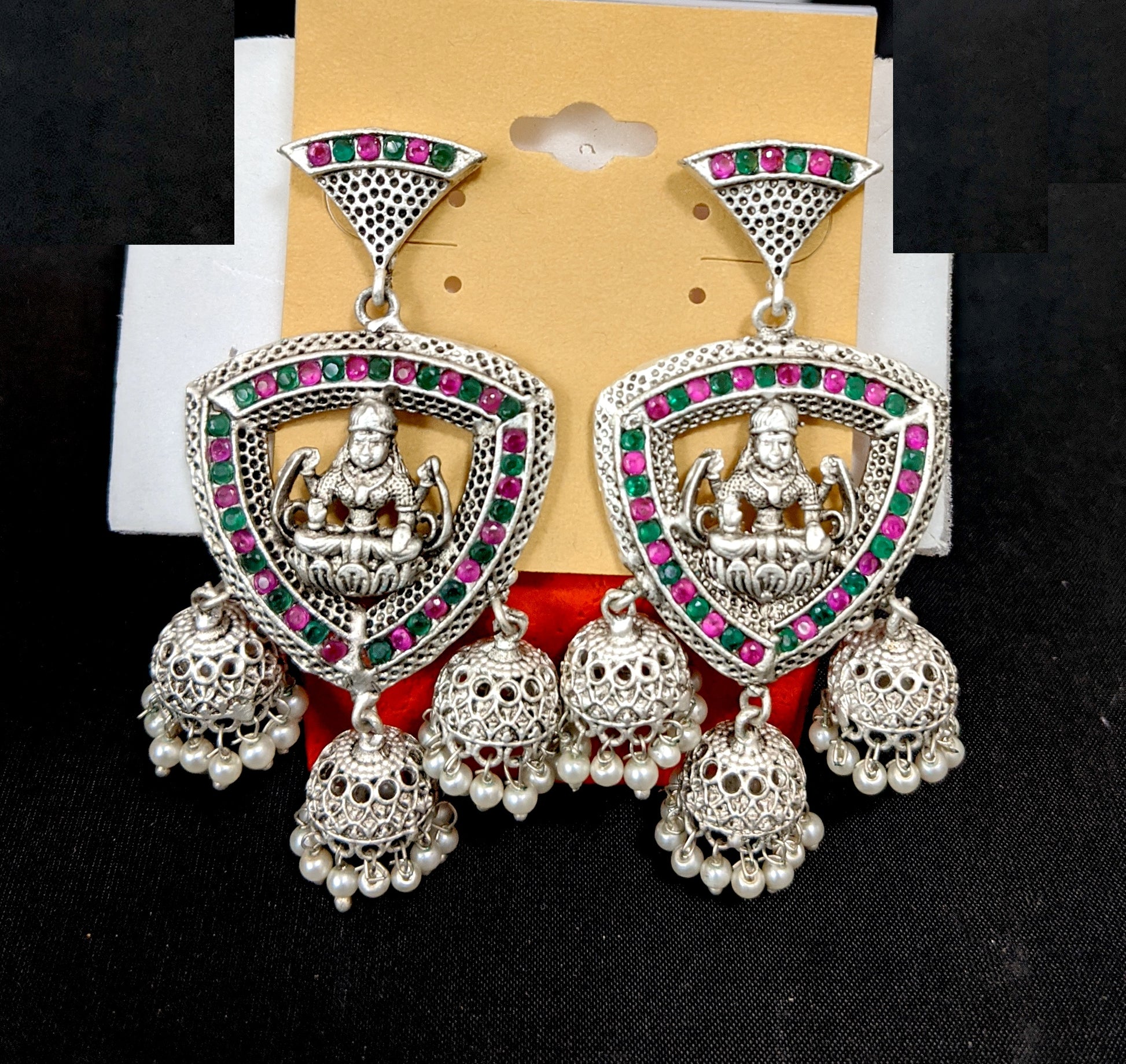 Goddess Lakshmi Triple jhumka bright matte silver earrings - Simpliful