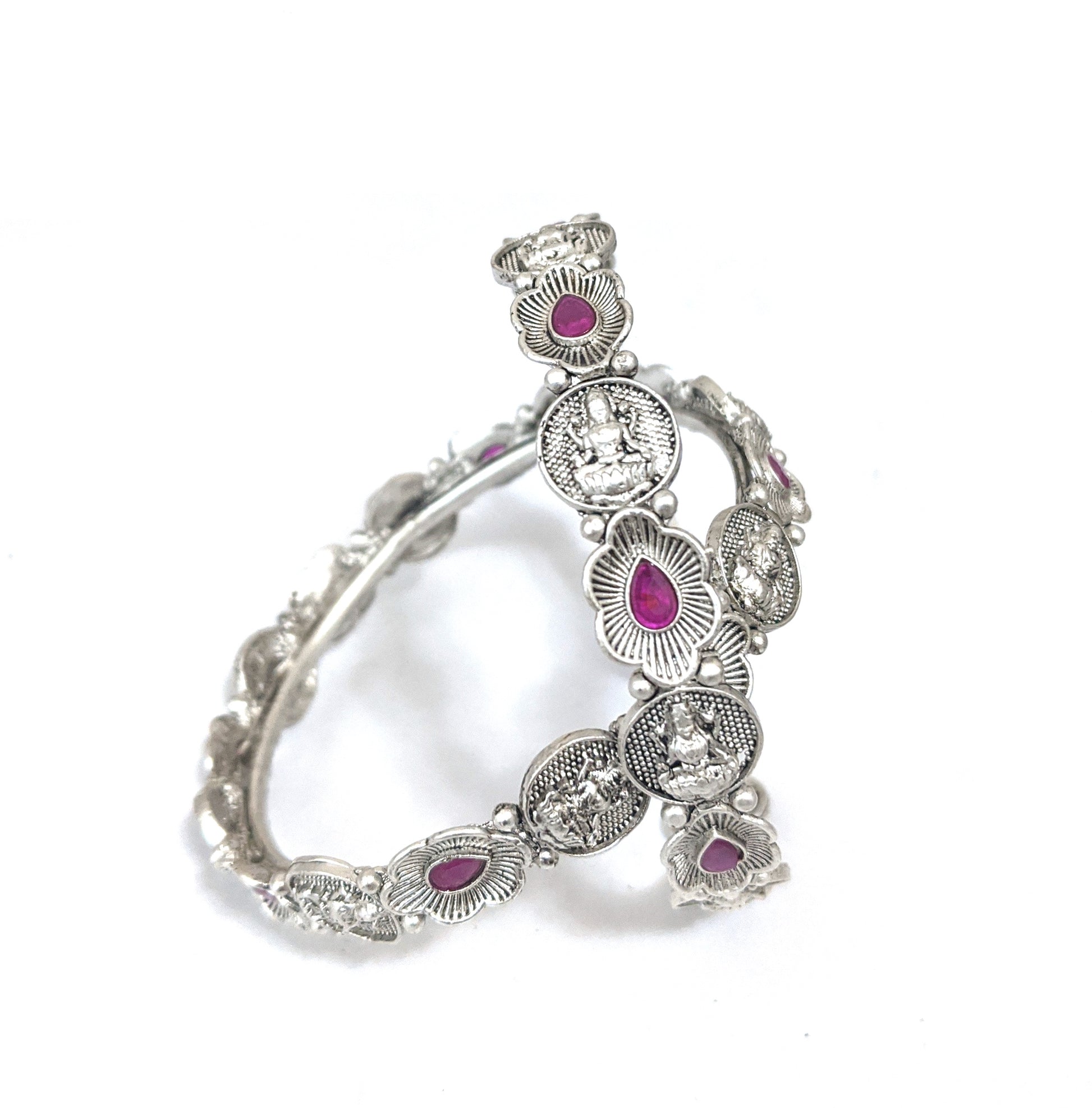Bright Silver matte finish Oxidized Goddess Lakshmi and flower design bangles - Simpliful