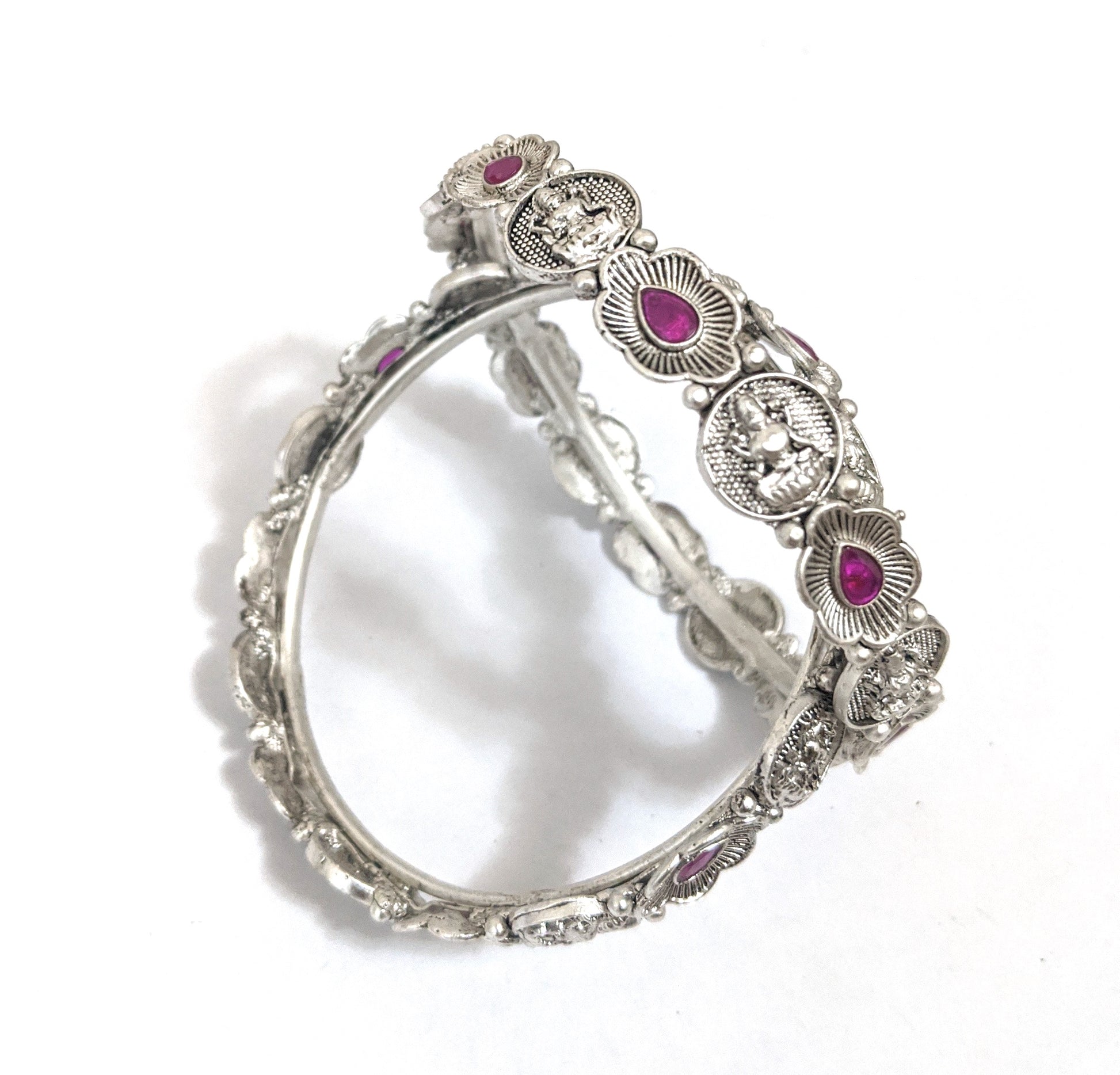 Bright Silver matte finish Oxidized Goddess Lakshmi and flower design bangles - Simpliful