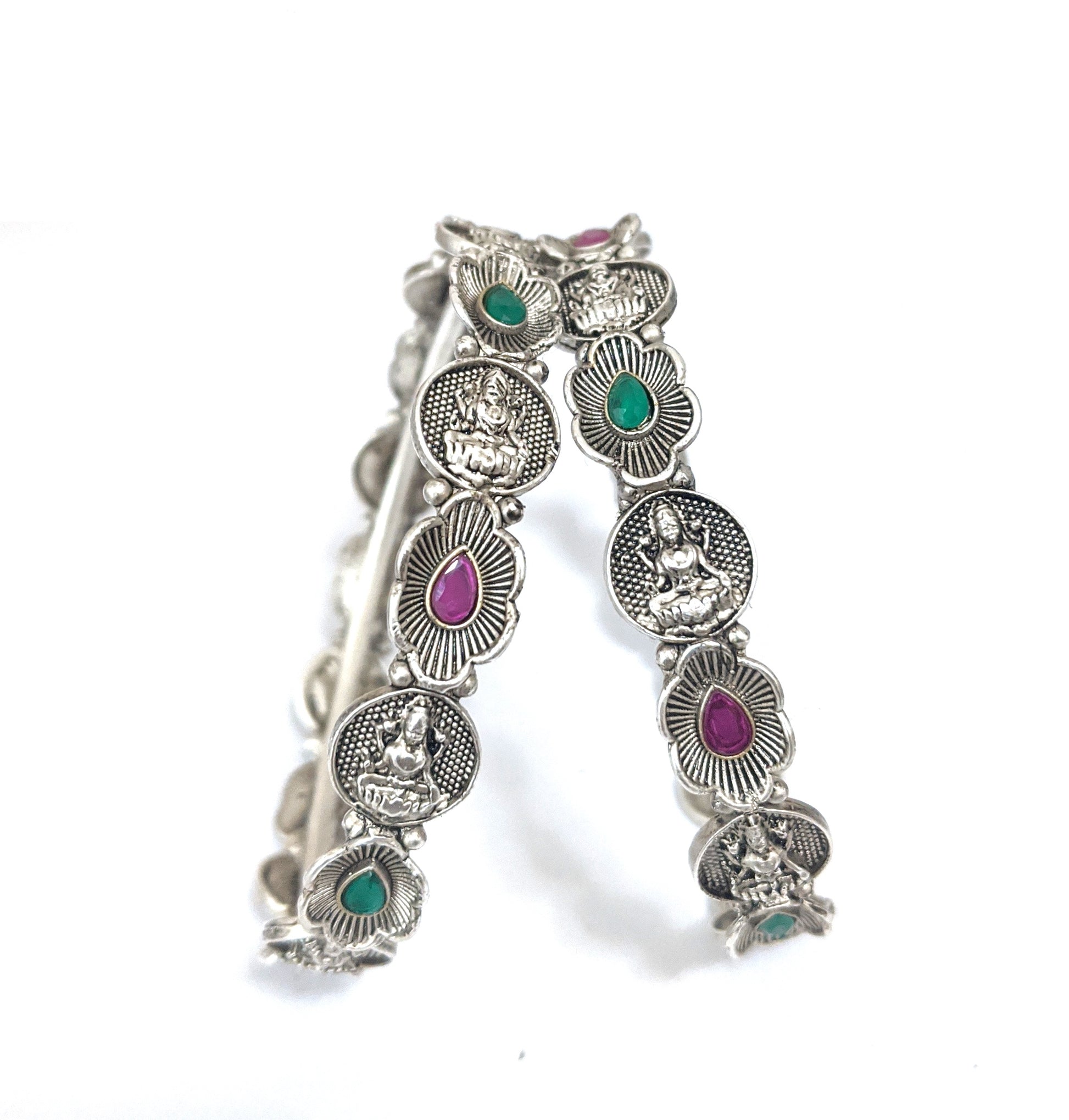 Bright Silver matte finish Oxidized Goddess Lakshmi and flower design bangles - Simpliful