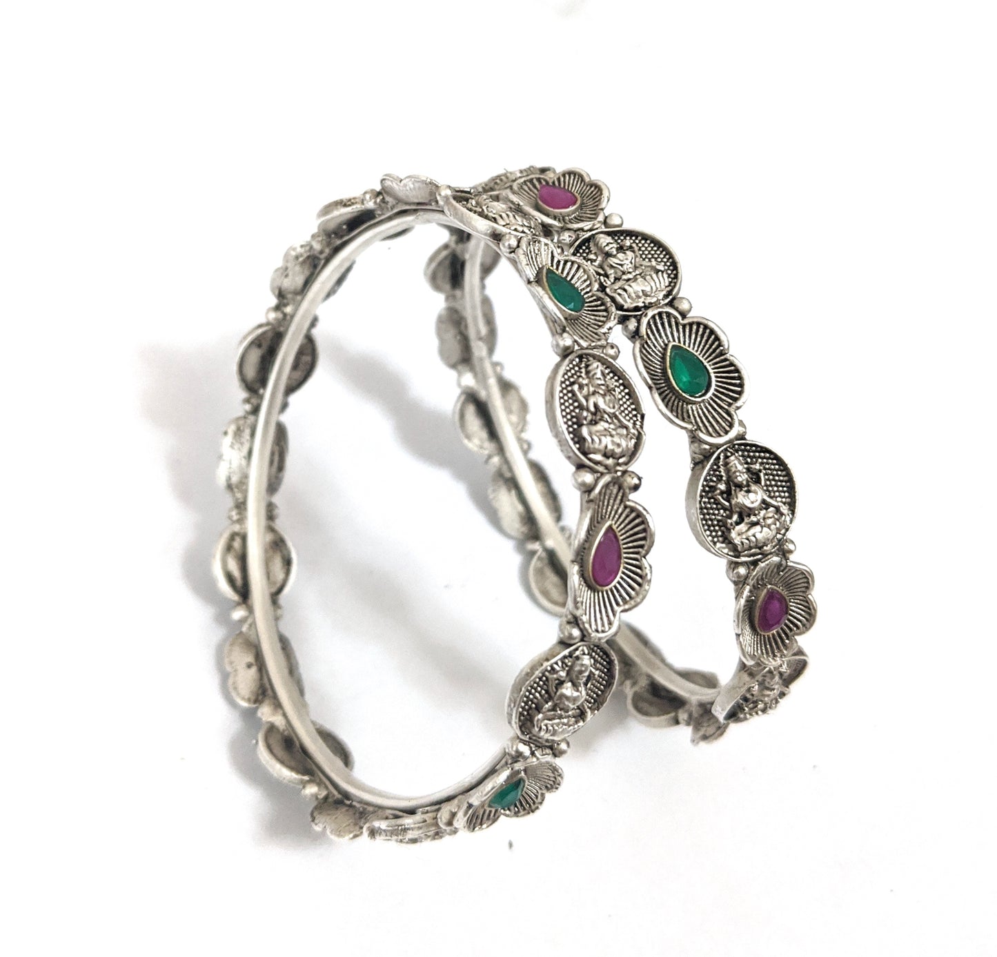 Bright Silver matte finish Oxidized Goddess Lakshmi and flower design bangles - Simpliful