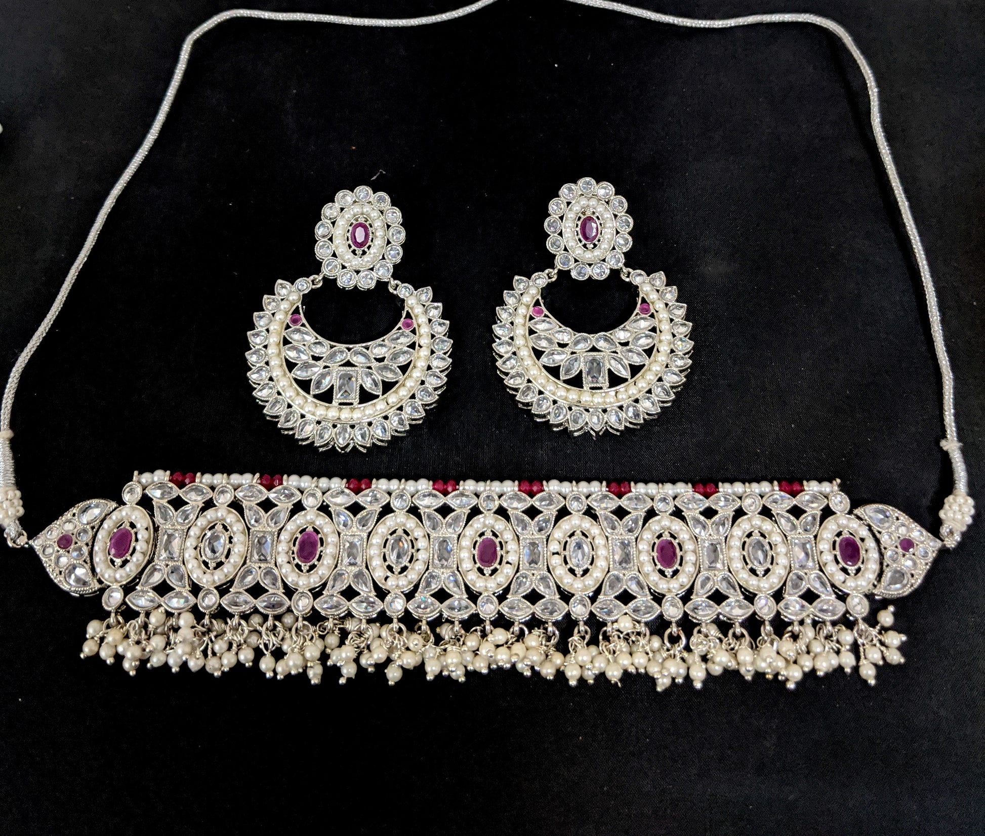 Silver rhodium polished - Chick collar style choker necklace and Ramleela style earring set - Simpliful