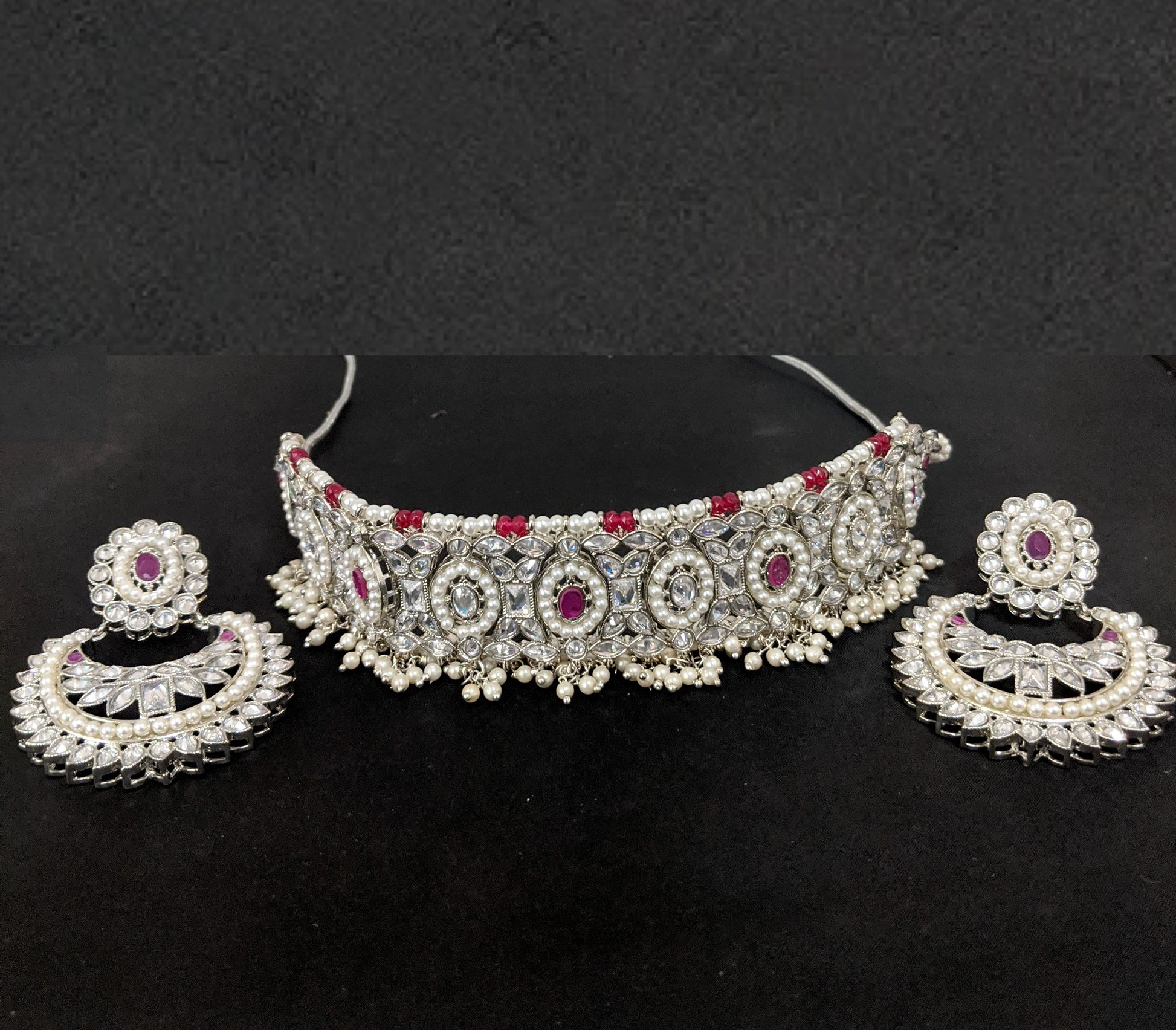 Silver rhodium polished - Chick collar style choker necklace and Ramleela style earring set - Simpliful