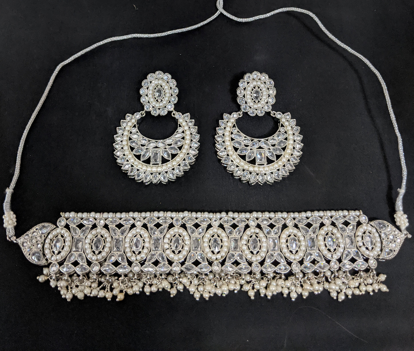 Silver rhodium polished - Chick collar style choker necklace and Ramleela style earring set - Simpliful