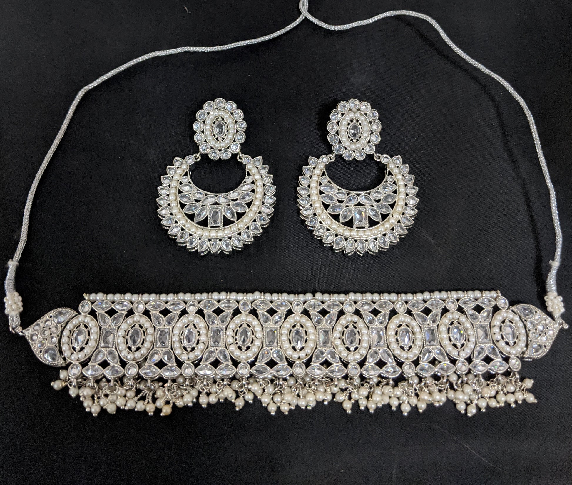 Silver rhodium polished - Chick collar style choker necklace and Ramleela style earring set - Simpliful