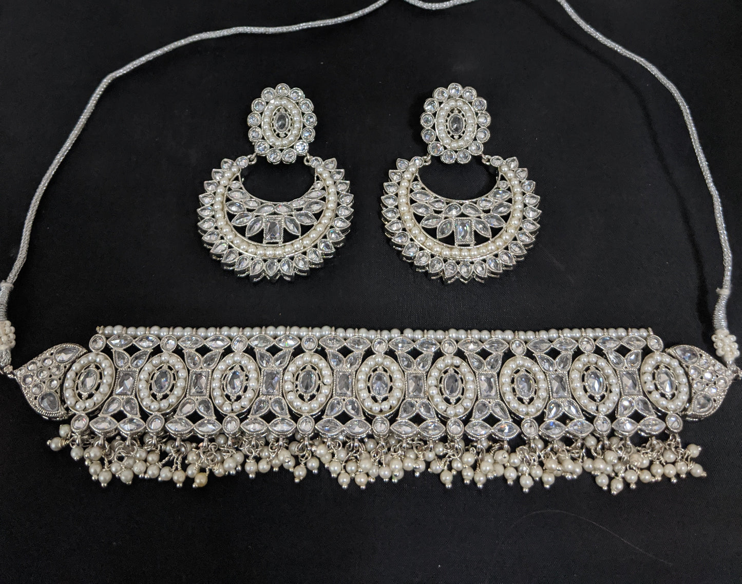 Silver rhodium polished - Chick collar style choker necklace and Ramleela style earring set - Simpliful