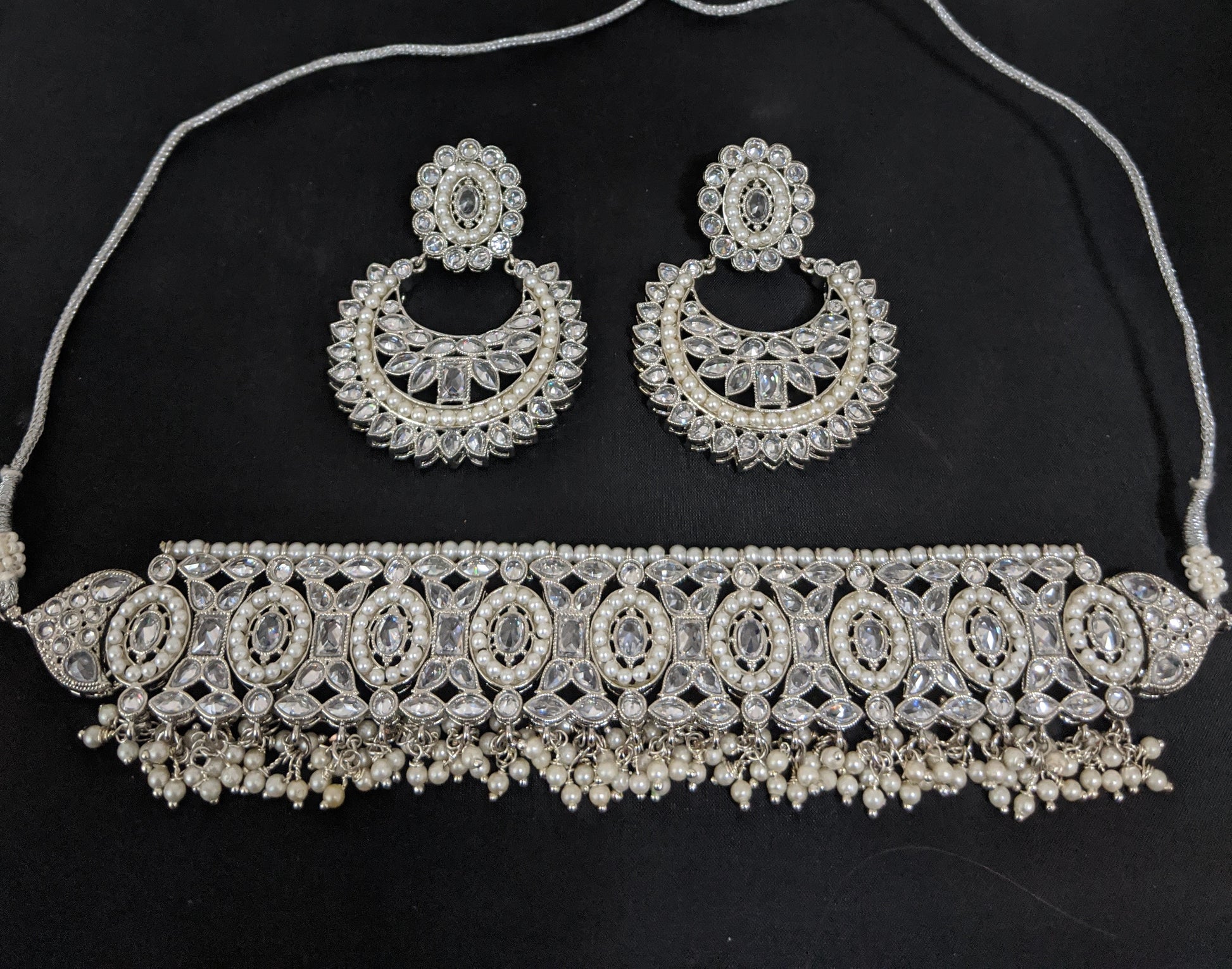 Silver rhodium polished - Chick collar style choker necklace and Ramleela style earring set - Simpliful