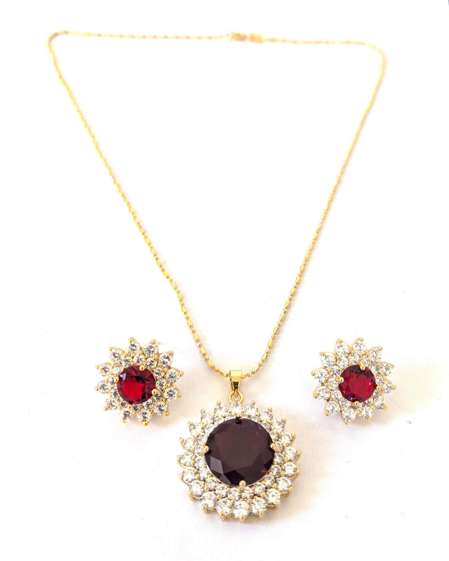 Yellow gold plated Ruby and White CZ stone Pendant and stud earring set - Simpliful