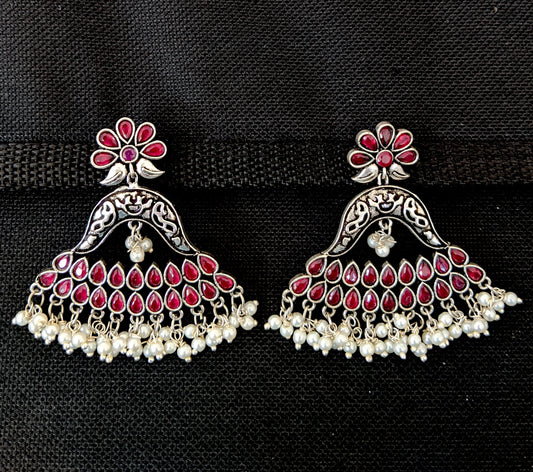 Pearl cluster bead hanging polki stone design silver oxidized earring - Simpliful