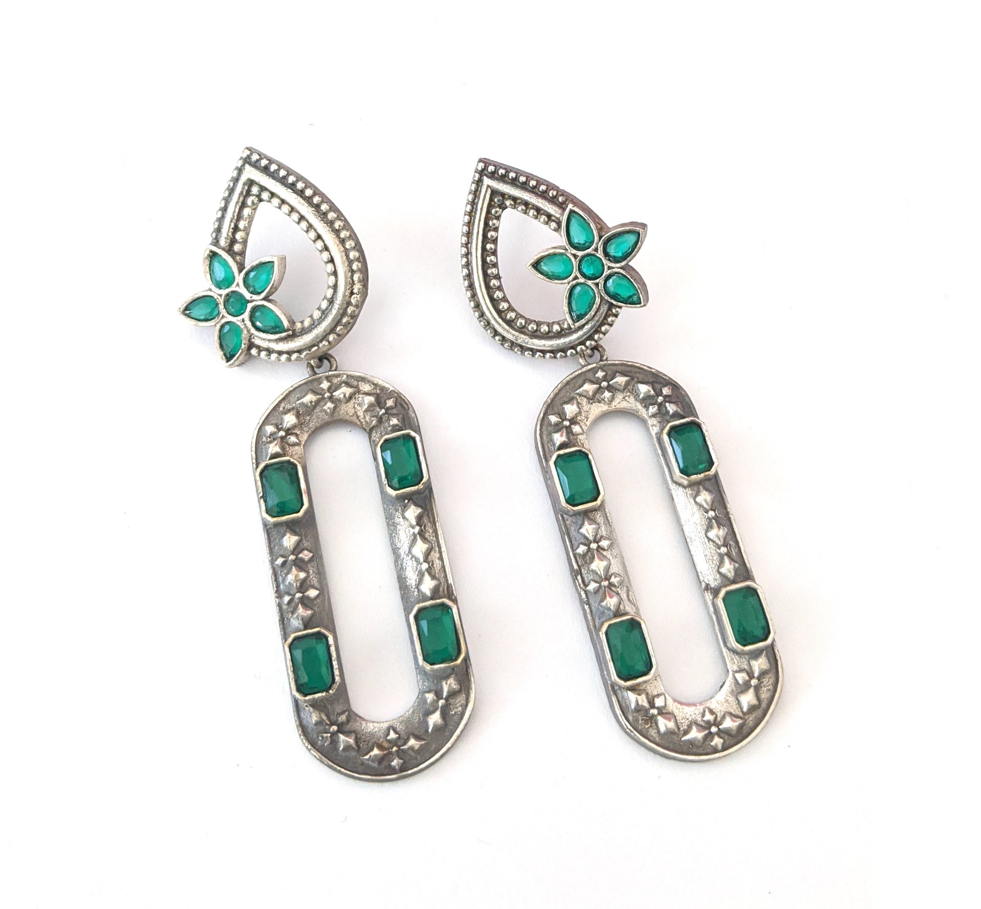 Tear drop stud with long hollow oval dangle oxidized earrings - Simpliful