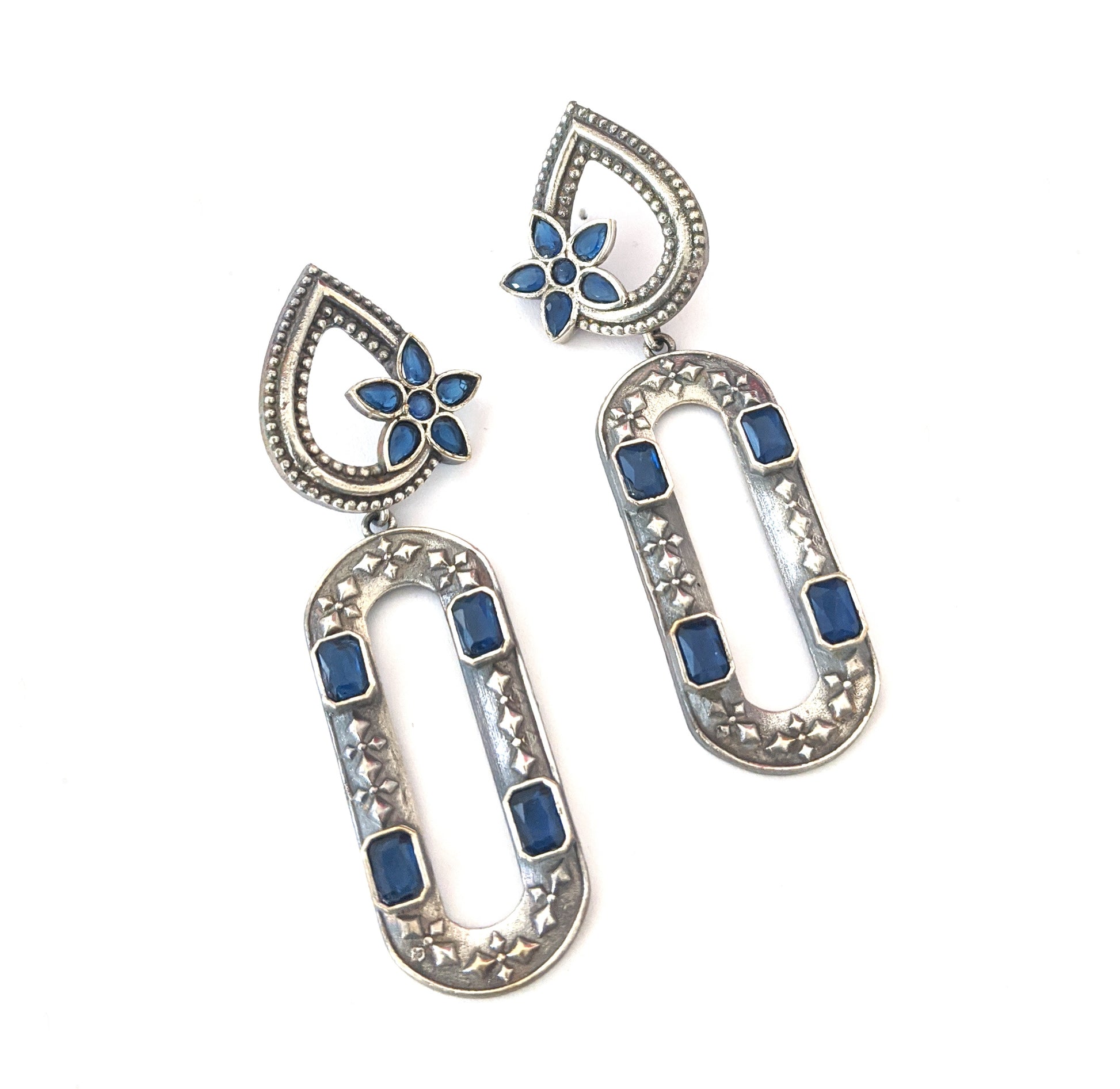 Tear drop stud with long hollow oval dangle oxidized earrings - Simpliful