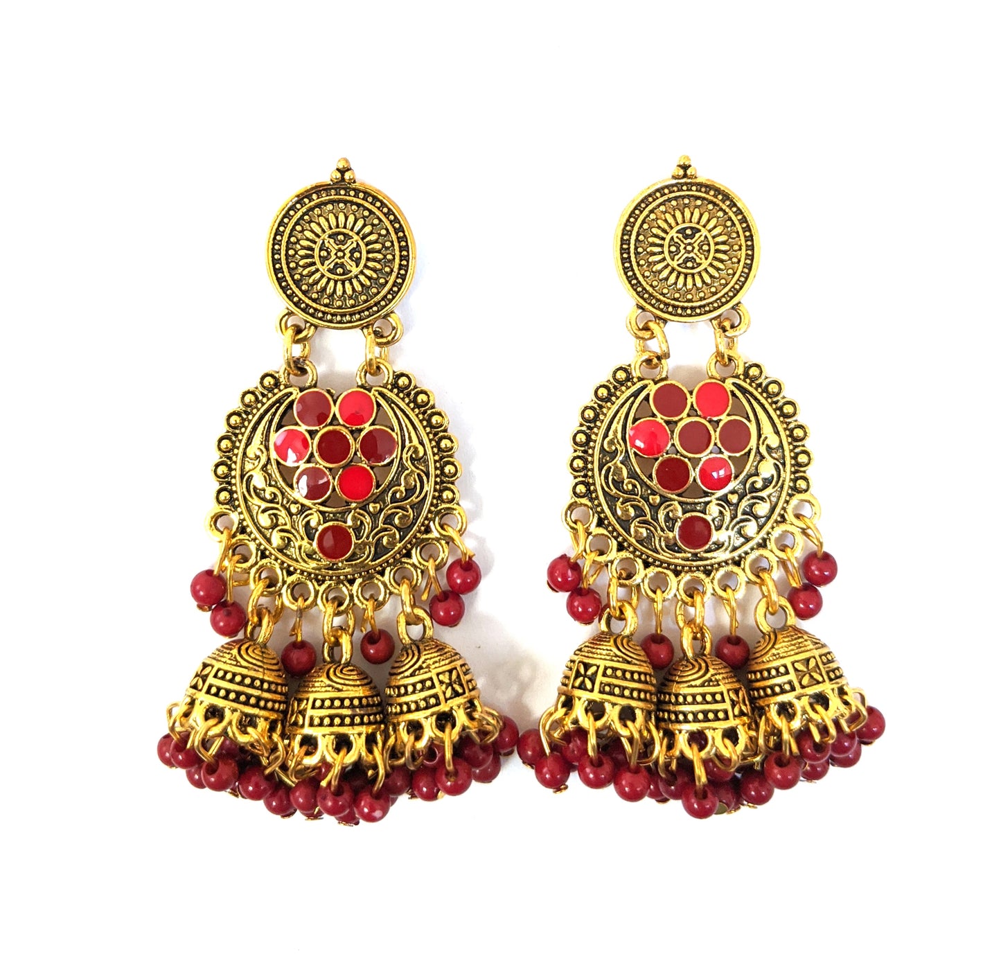 Antique gold finish enamel work triple jhumka earring - Simpliful