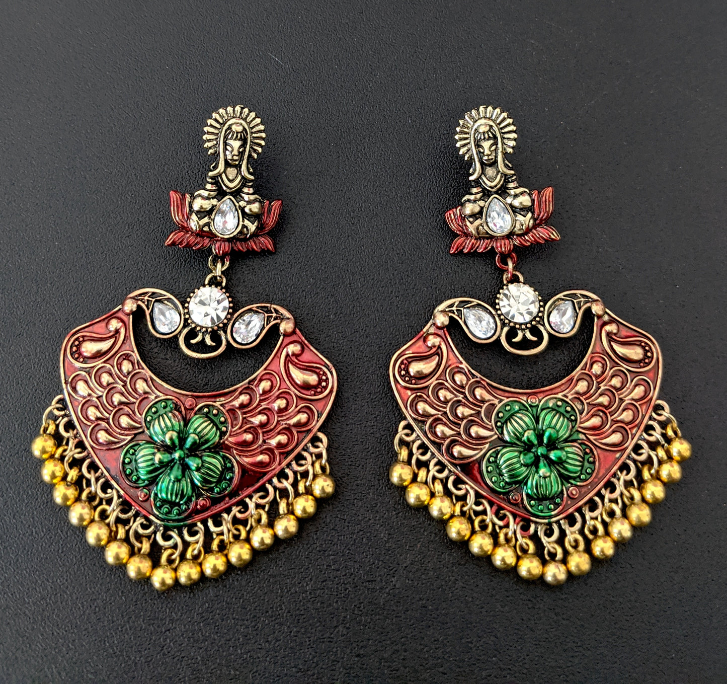 Tribal face stud with matte meenakari work gold bead hanging antique earring - Simpliful