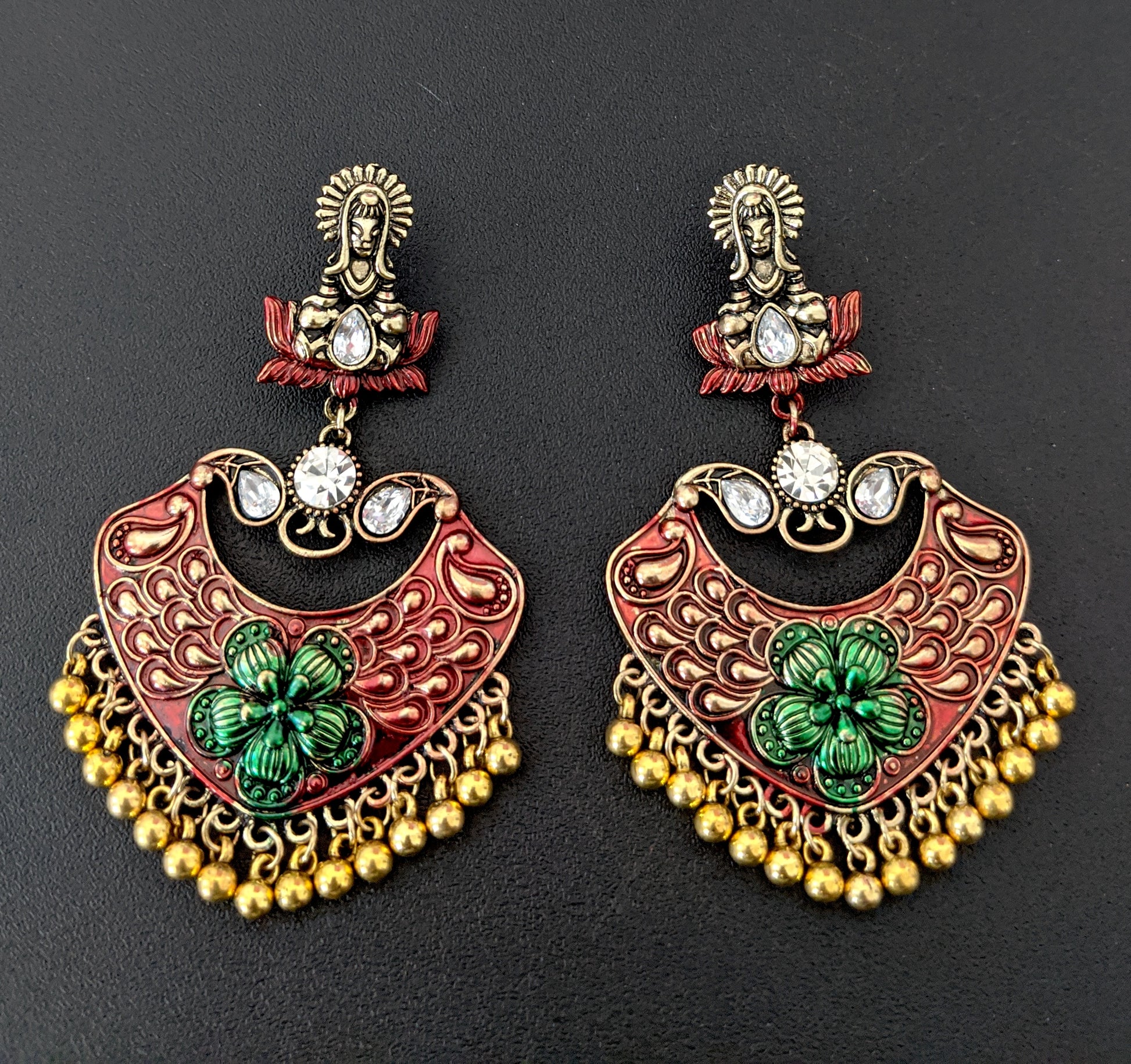 Tribal face stud with matte meenakari work gold bead hanging antique earring - Simpliful