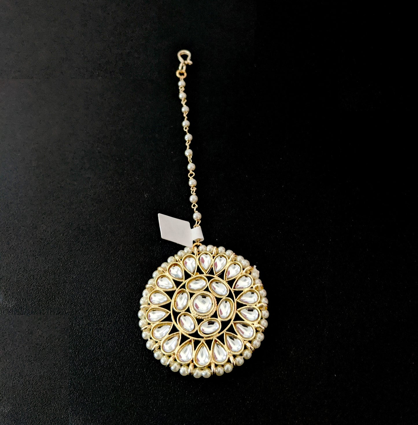 Pearl bead surrounded Kundan like stone Round Traditional Maang Tikka - Simpliful