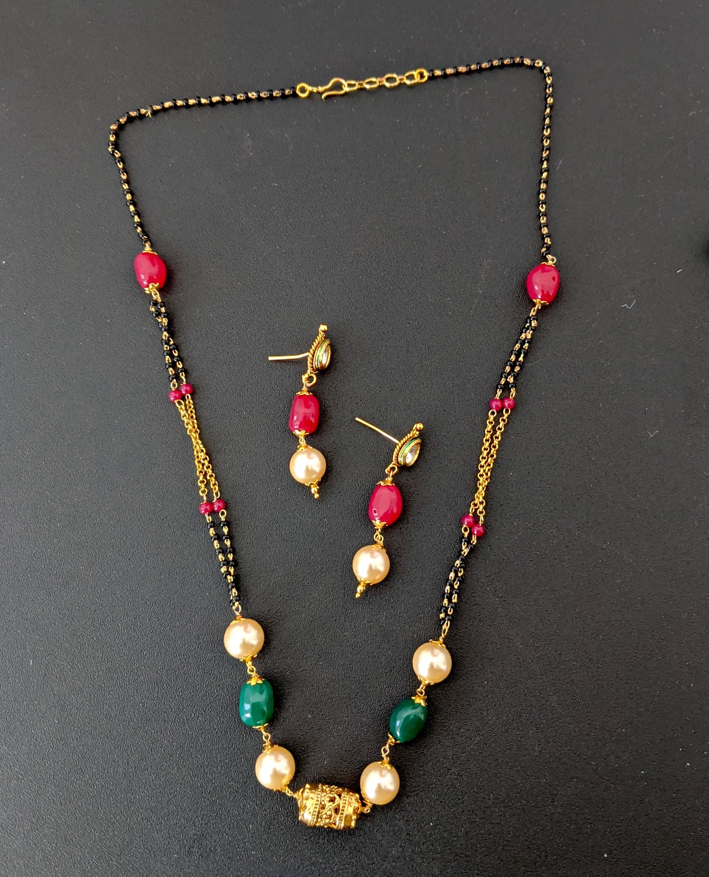 Double stranded Mangalsutra with beads and long earring set